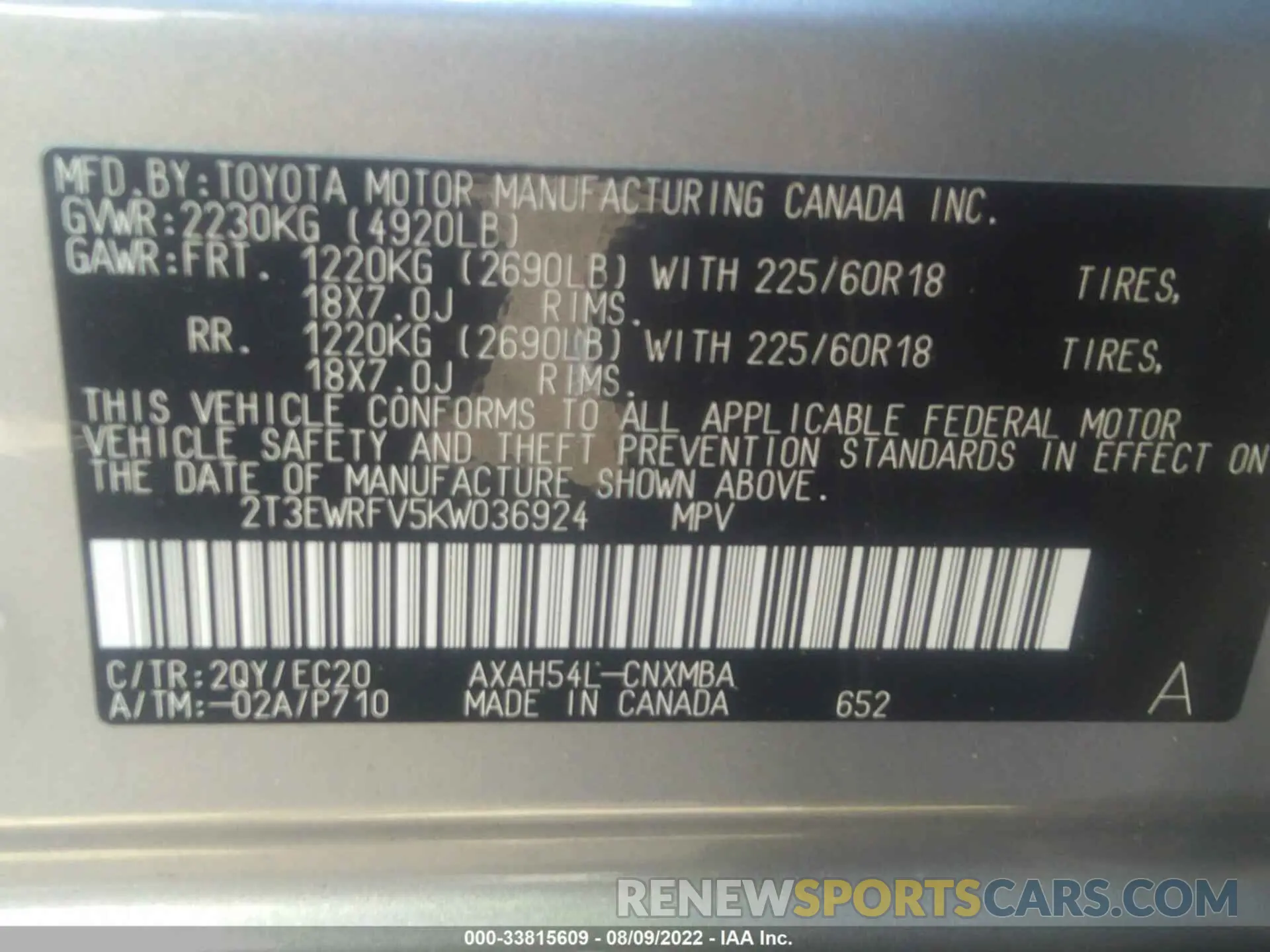 9 fotografías del automóvil dañado 2T3EWRFV5KW036924 TOYOTA RAV4 2019