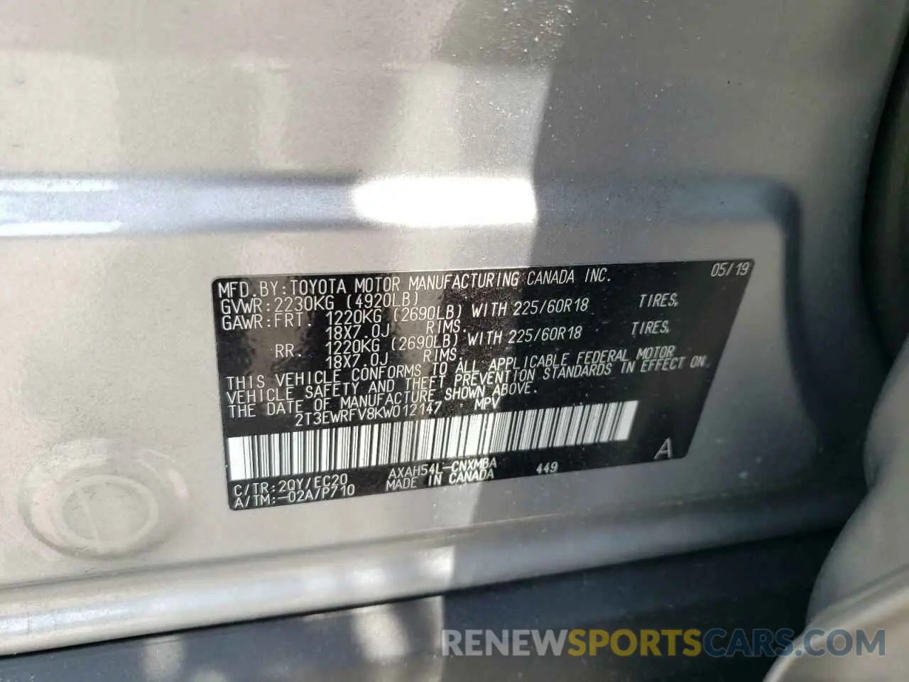 12 fotografías del automóvil dañado 2T3EWRFV8KW012147 TOYOTA RAV4 2019