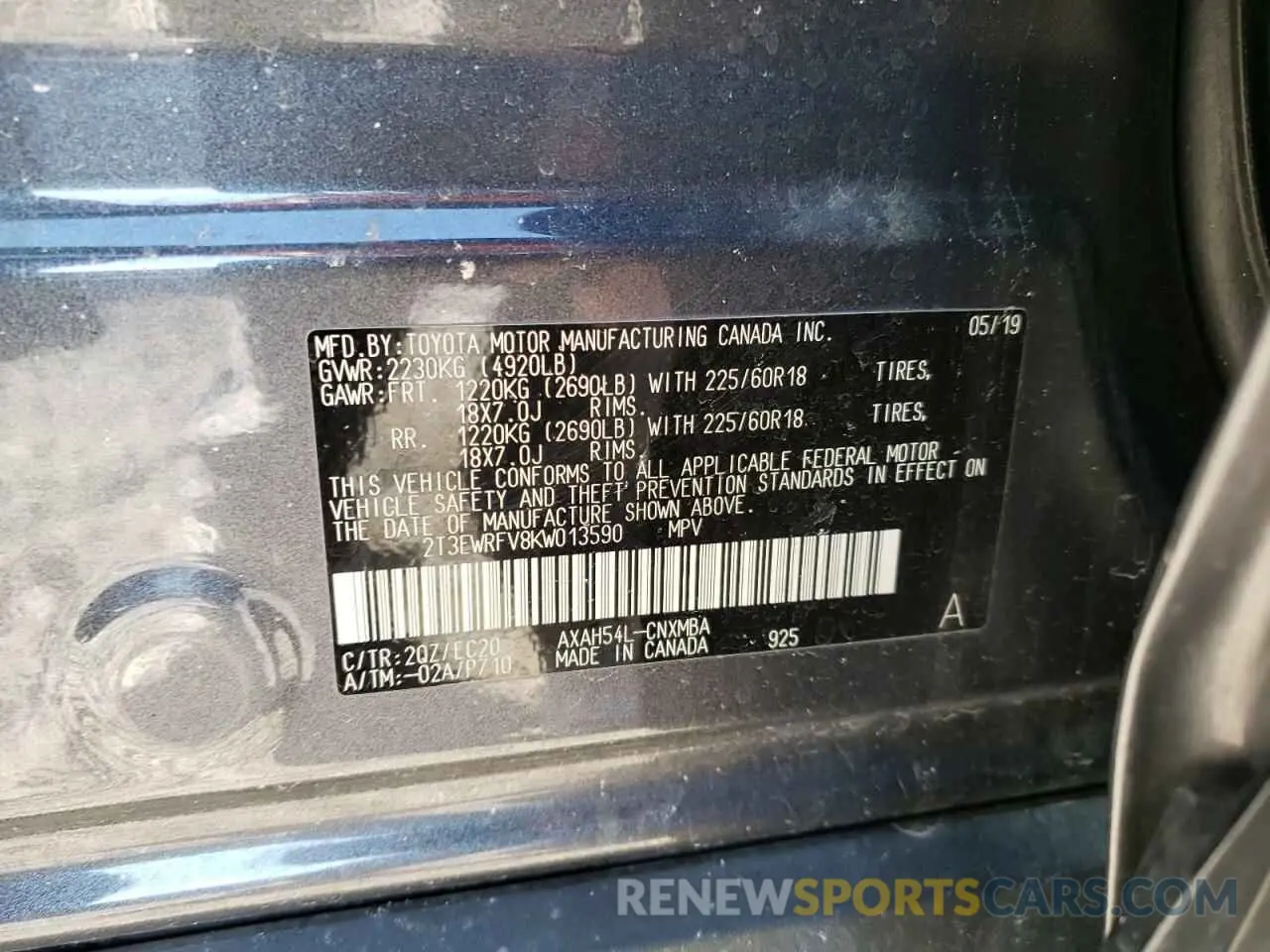 10 fotografías del automóvil dañado 2T3EWRFV8KW013590 TOYOTA RAV4 2019