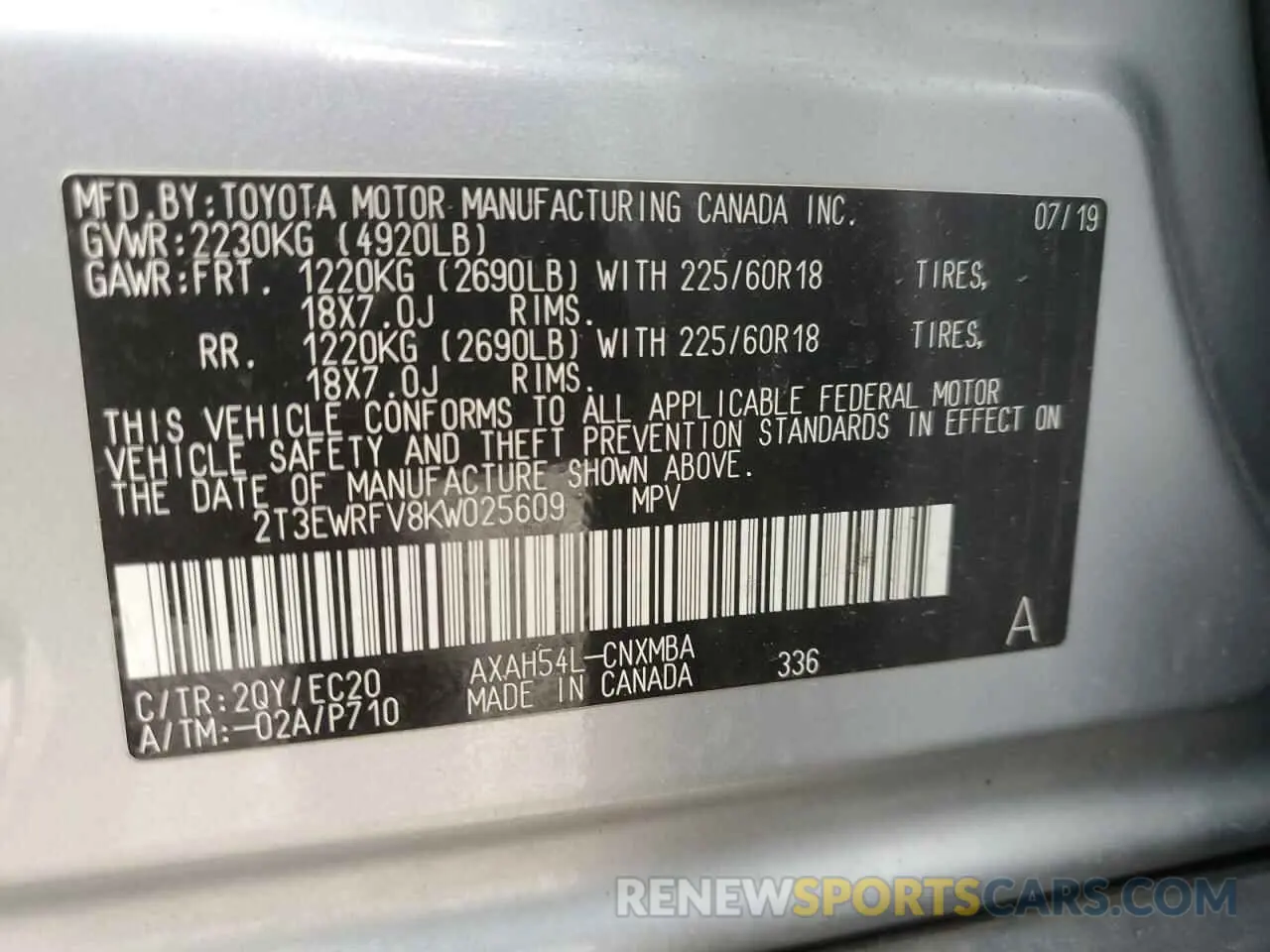 13 fotografías del automóvil dañado 2T3EWRFV8KW025609 TOYOTA RAV4 2019
