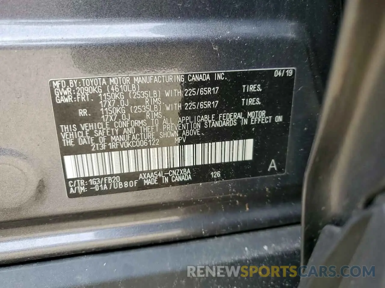 10 fotografías del automóvil dañado 2T3F1RFV0KC006122 TOYOTA RAV4 2019