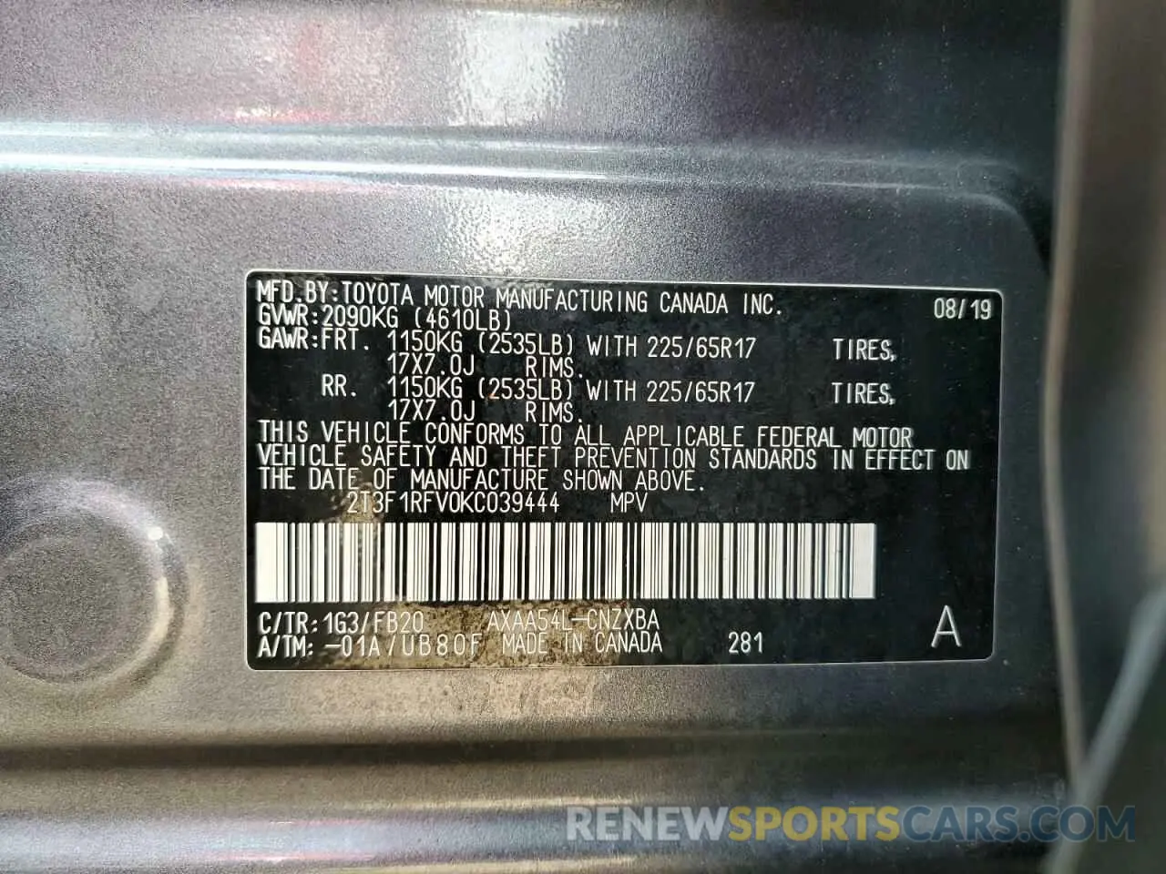 10 fotografías del automóvil dañado 2T3F1RFV0KC039444 TOYOTA RAV4 2019