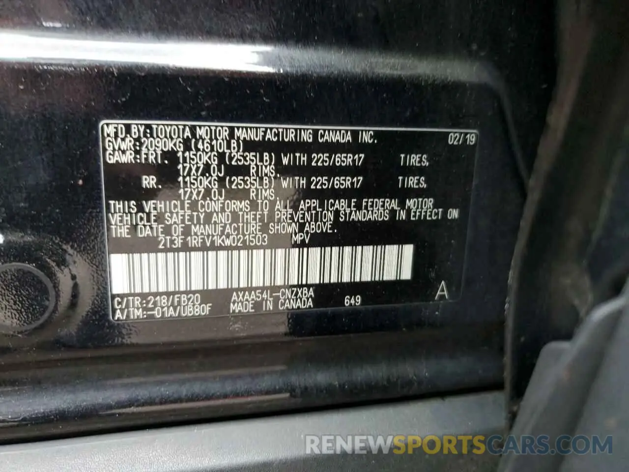 13 fotografías del automóvil dañado 2T3F1RFV1KW021503 TOYOTA RAV4 2019