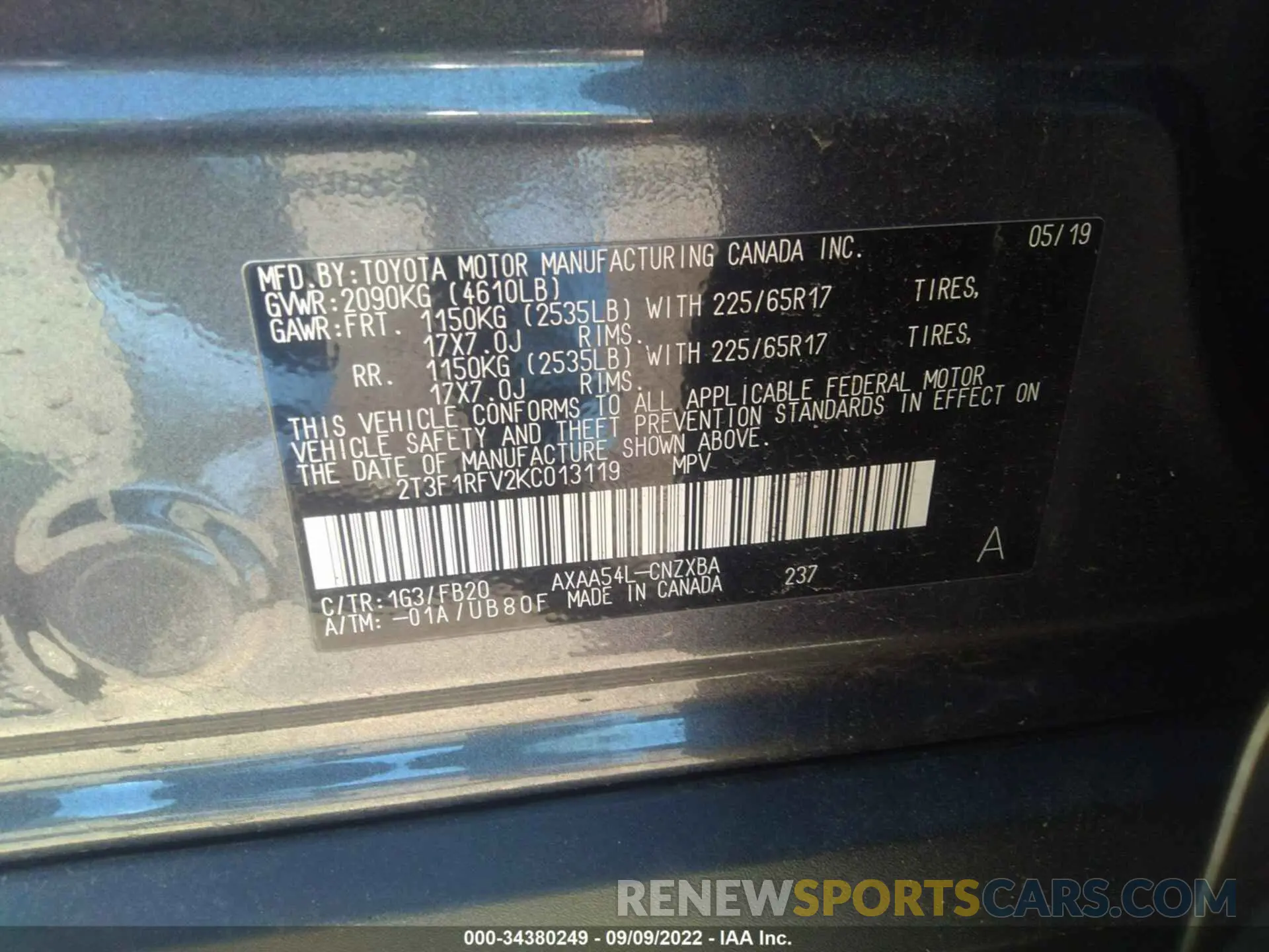 9 fotografías del automóvil dañado 2T3F1RFV2KC013119 TOYOTA RAV4 2019
