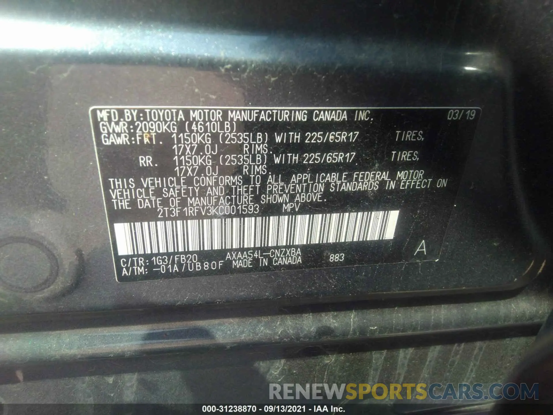 9 fotografías del automóvil dañado 2T3F1RFV3KC001593 TOYOTA RAV4 2019