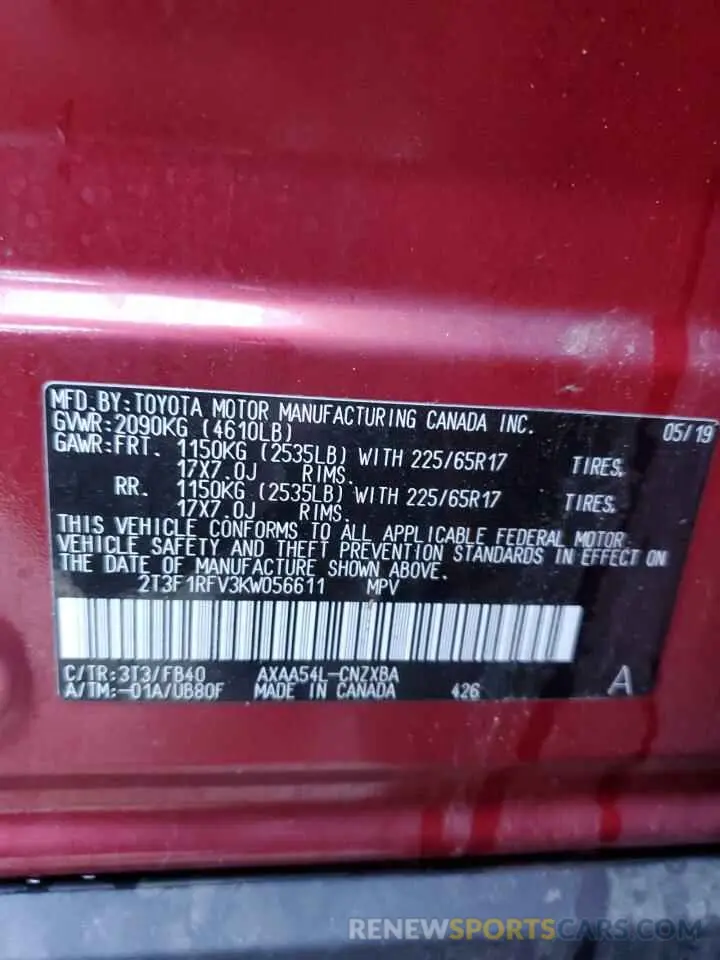 13 fotografías del automóvil dañado 2T3F1RFV3KW056611 TOYOTA RAV4 2019