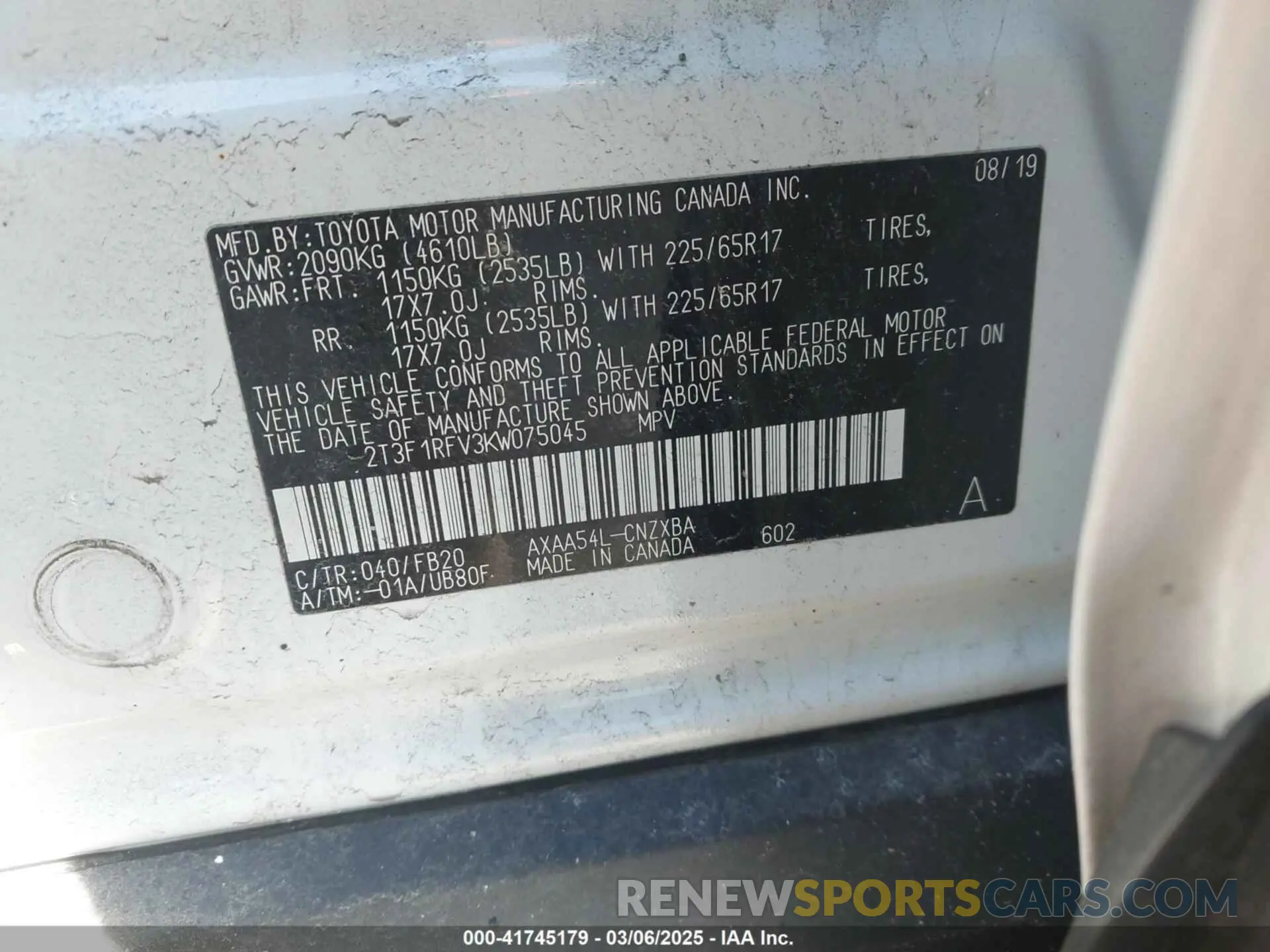 9 fotografías del automóvil dañado 2T3F1RFV3KW075045 TOYOTA RAV4 2019