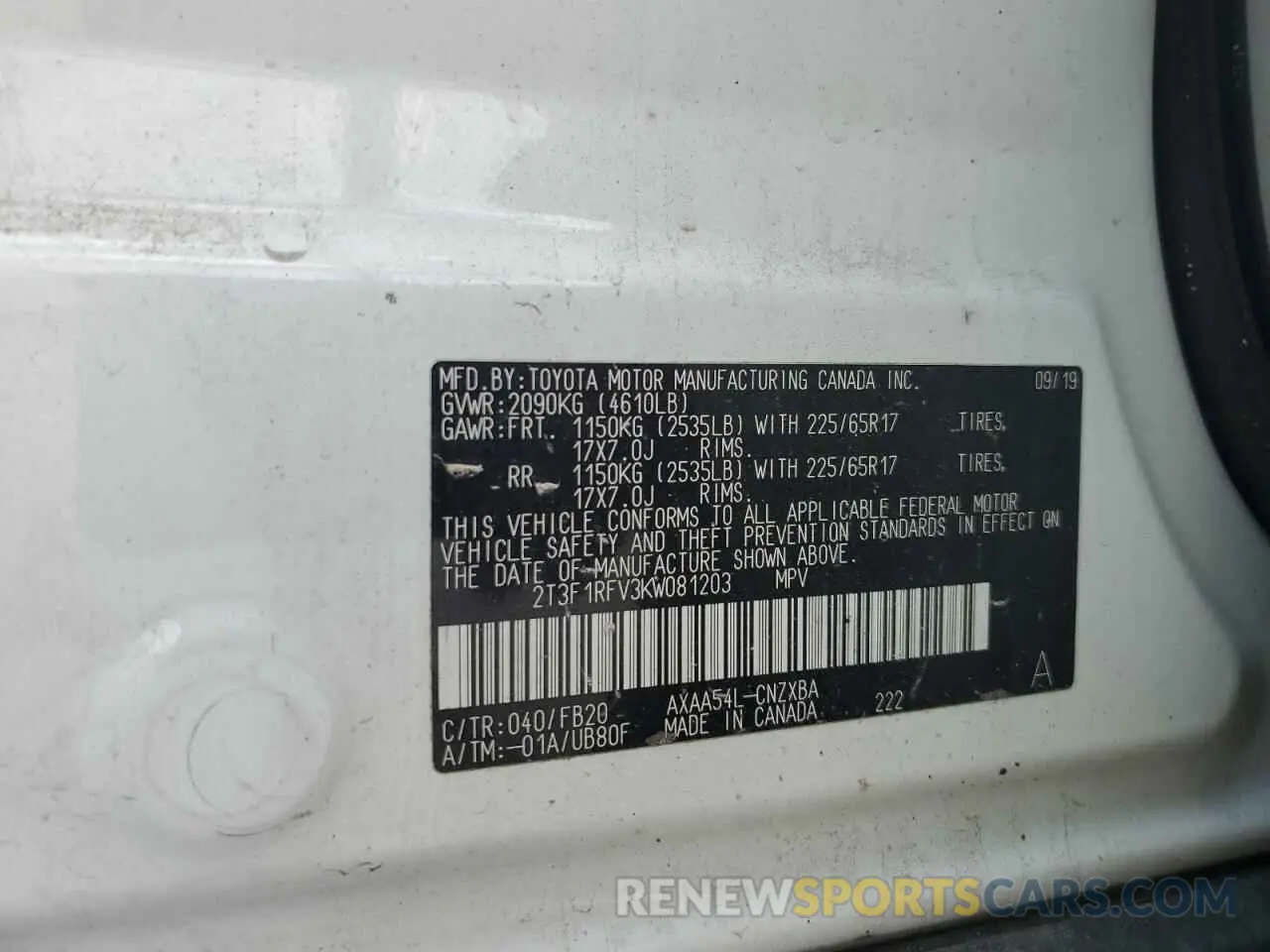 12 fotografías del automóvil dañado 2T3F1RFV3KW081203 TOYOTA RAV4 2019