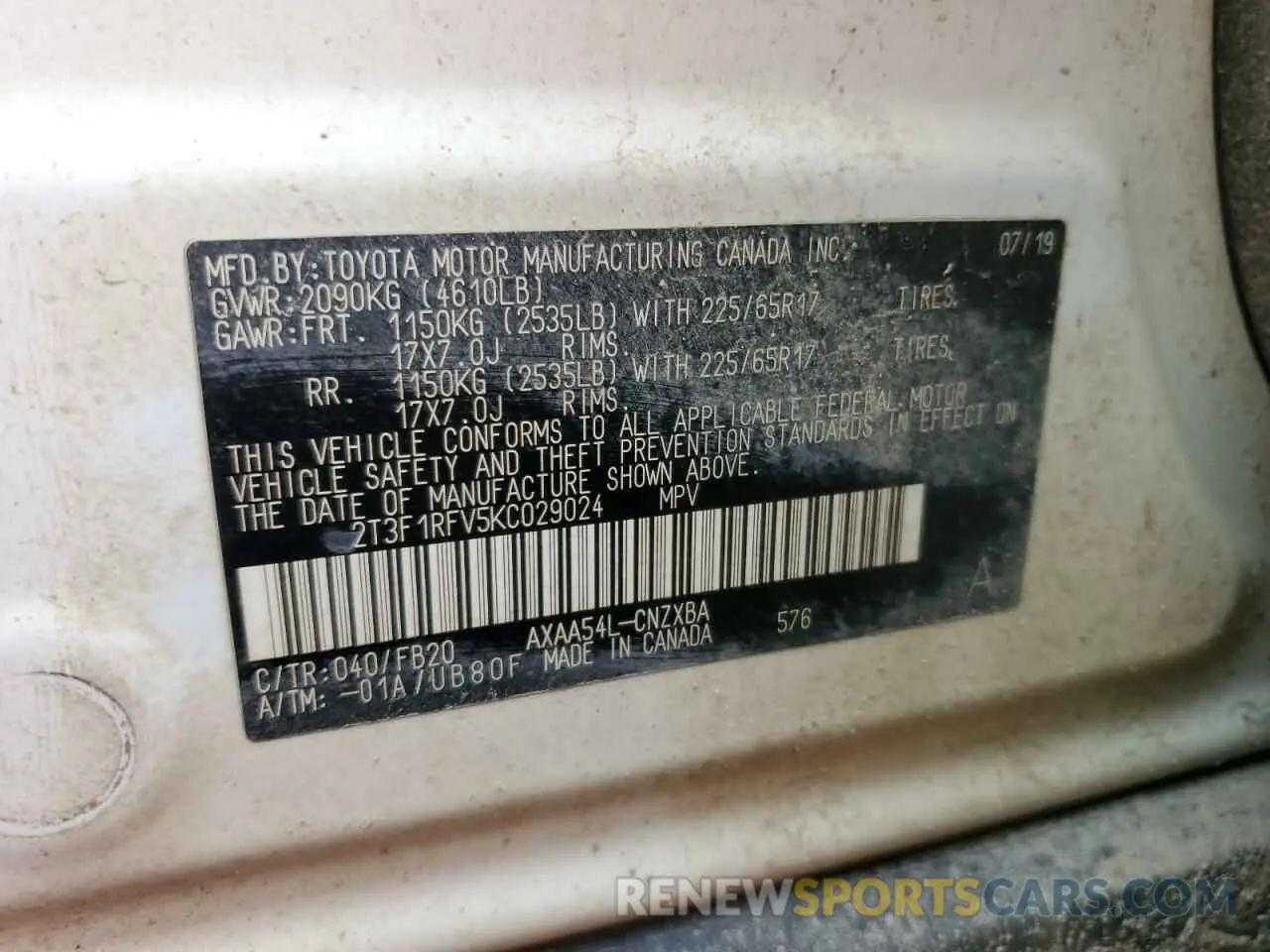 13 fotografías del automóvil dañado 2T3F1RFV5KC029024 TOYOTA RAV4 2019