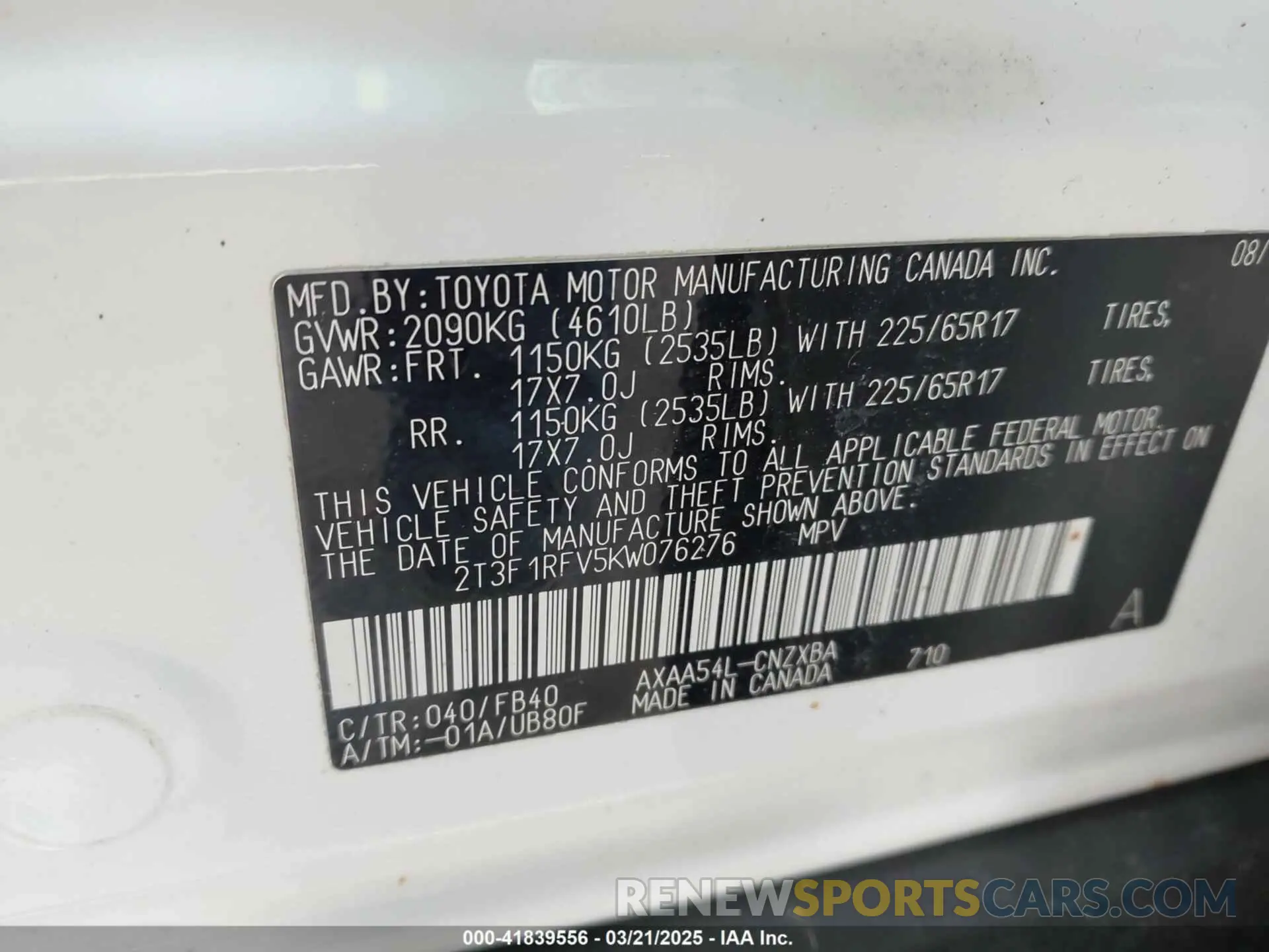 9 fotografías del automóvil dañado 2T3F1RFV5KW076276 TOYOTA RAV4 2019