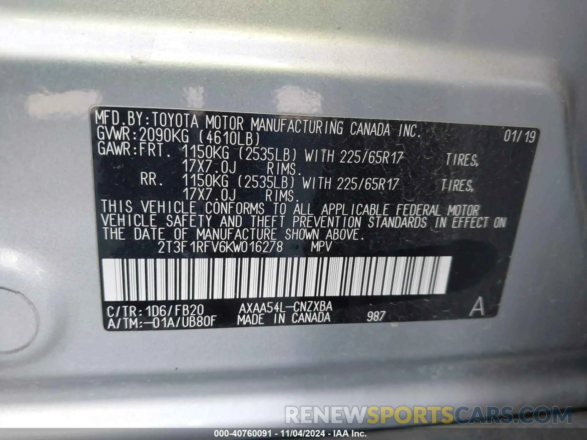 9 fotografías del automóvil dañado 2T3F1RFV6KW016278 TOYOTA RAV4 2019