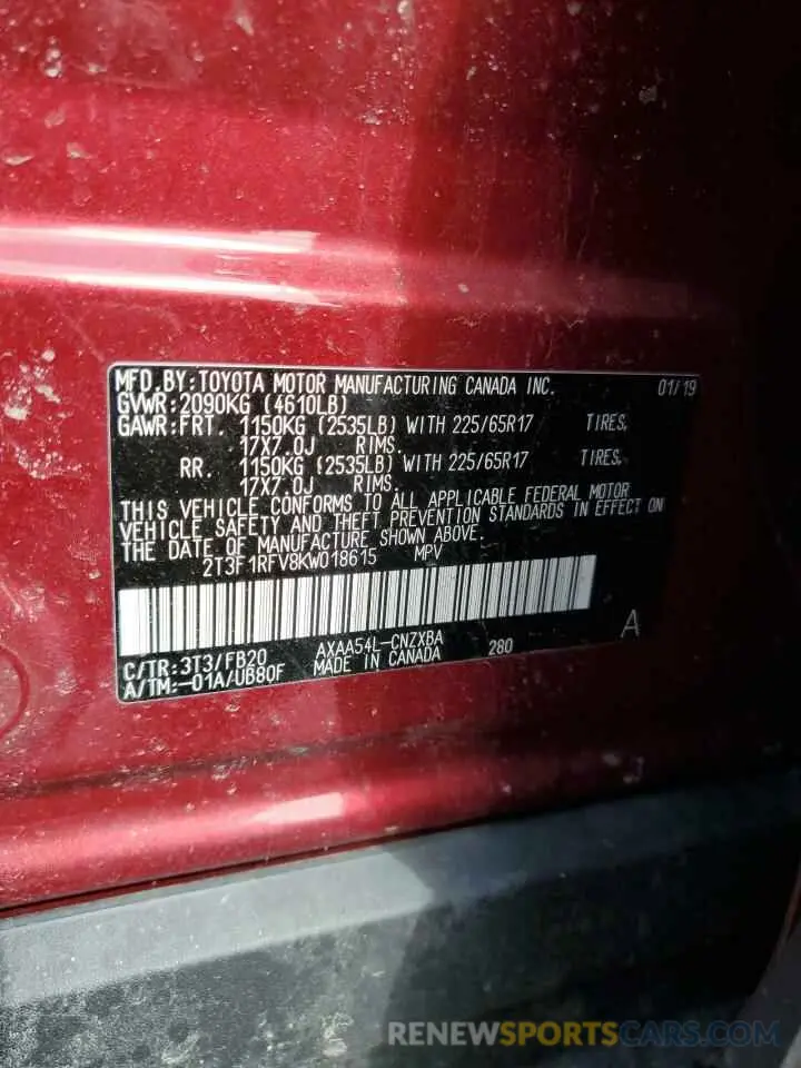 13 fotografías del automóvil dañado 2T3F1RFV8KW018615 TOYOTA RAV4 2019