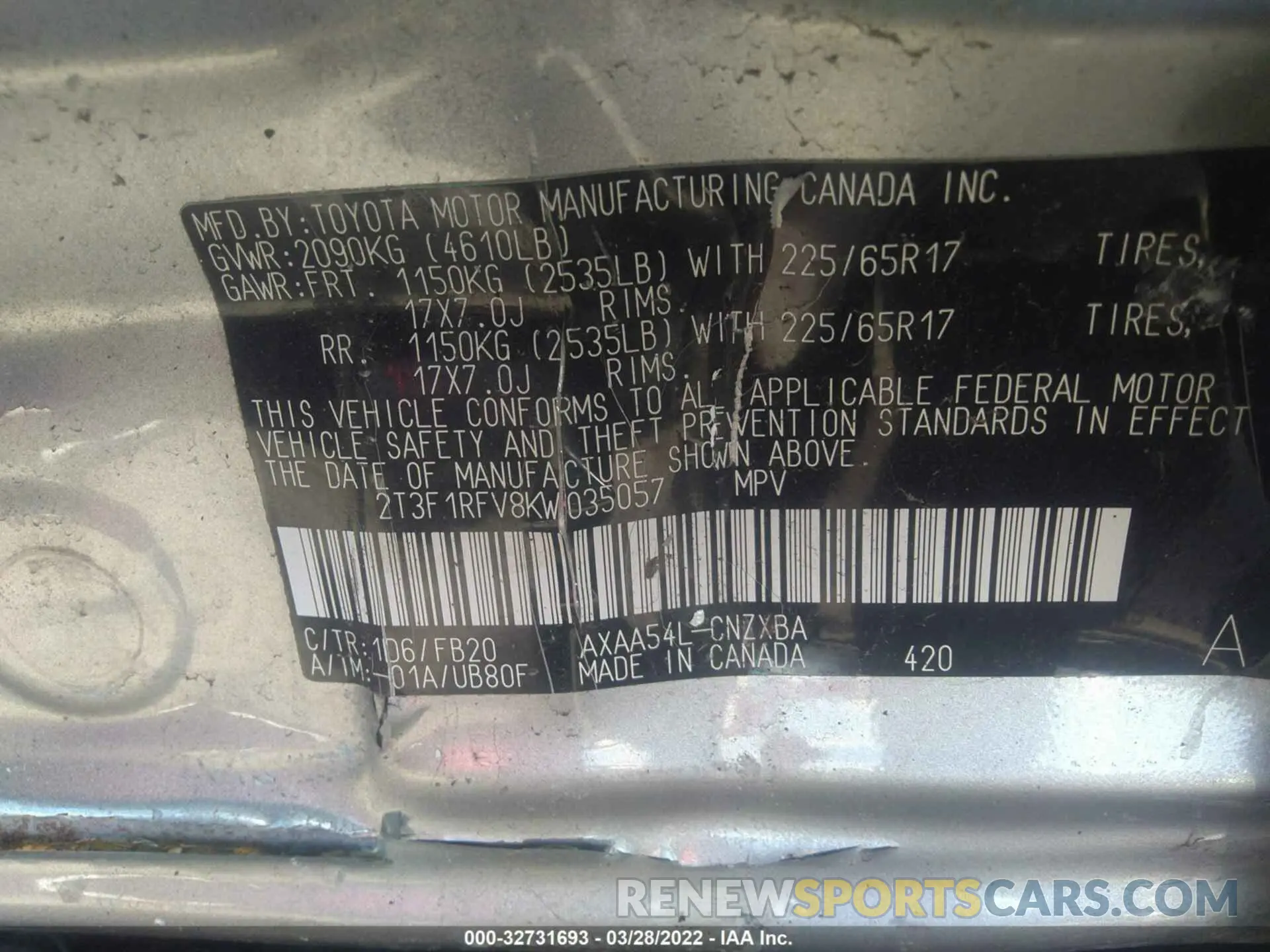 9 fotografías del automóvil dañado 2T3F1RFV8KW035057 TOYOTA RAV4 2019