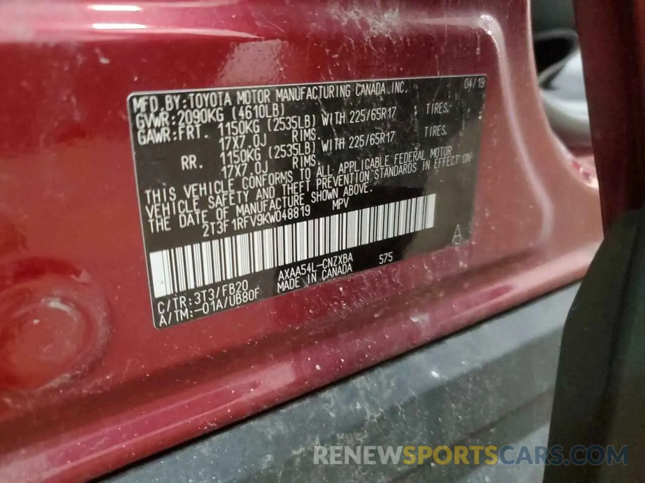 12 fotografías del automóvil dañado 2T3F1RFV9KW048819 TOYOTA RAV4 2019