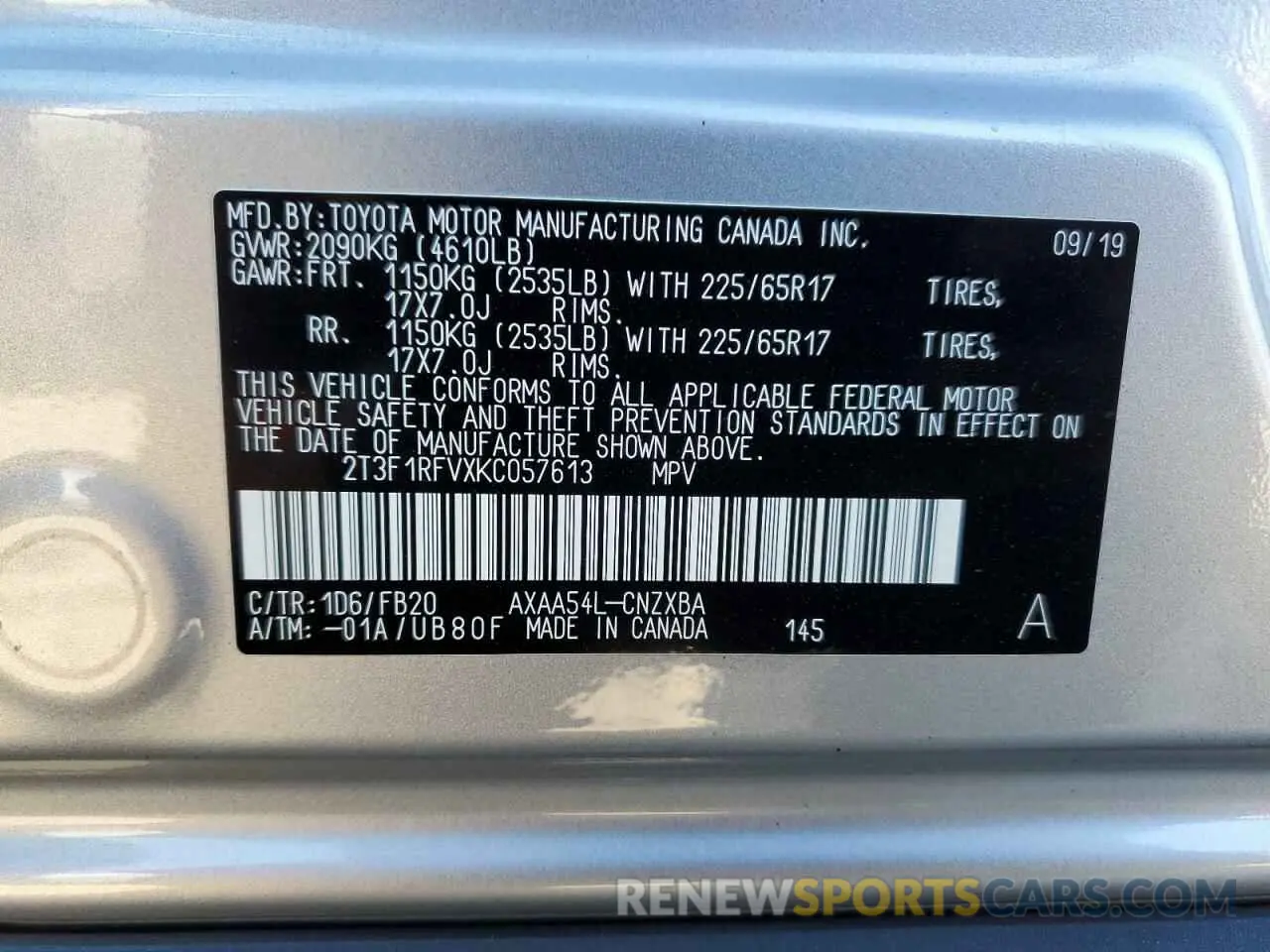 14 fotografías del automóvil dañado 2T3F1RFVXKC057613 TOYOTA RAV4 2019