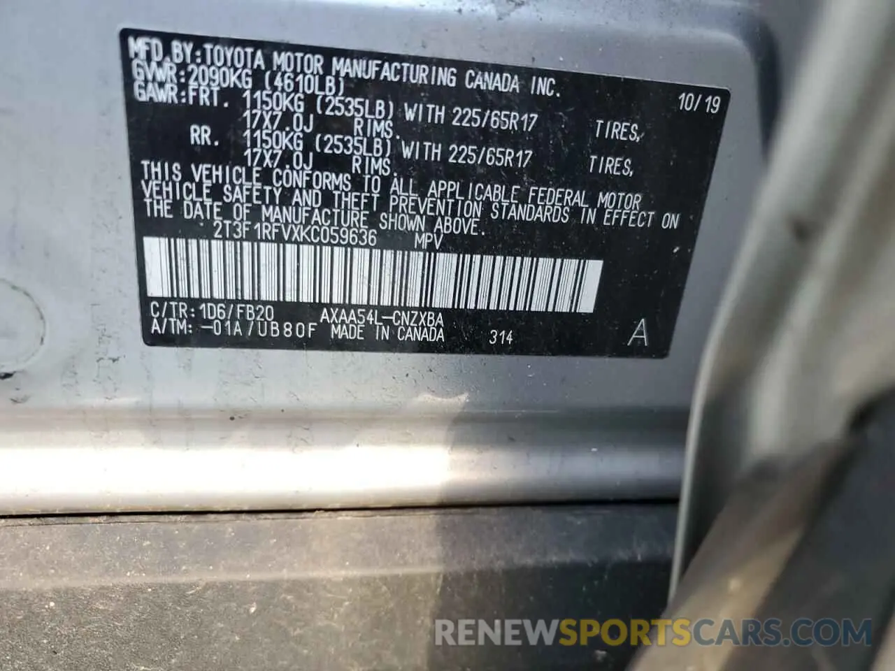 10 fotografías del automóvil dañado 2T3F1RFVXKC059636 TOYOTA RAV4 2019
