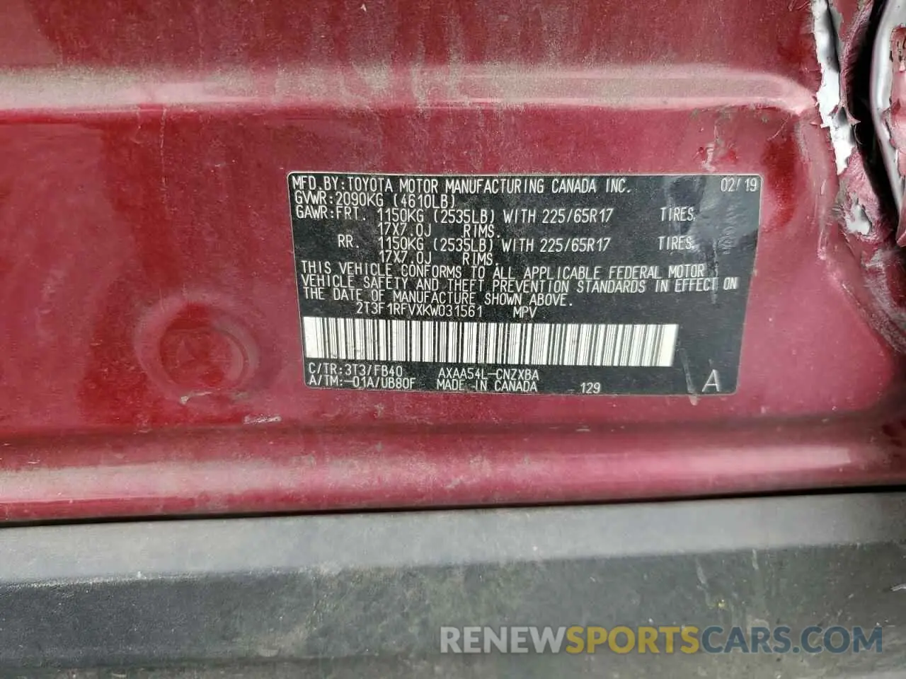 14 fotografías del automóvil dañado 2T3F1RFVXKW031561 TOYOTA RAV4 2019