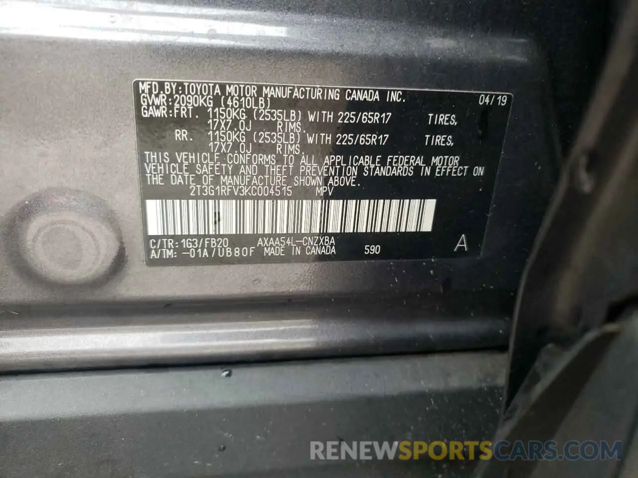 10 fotografías del automóvil dañado 2T3G1RFV3KC004515 TOYOTA RAV4 2019