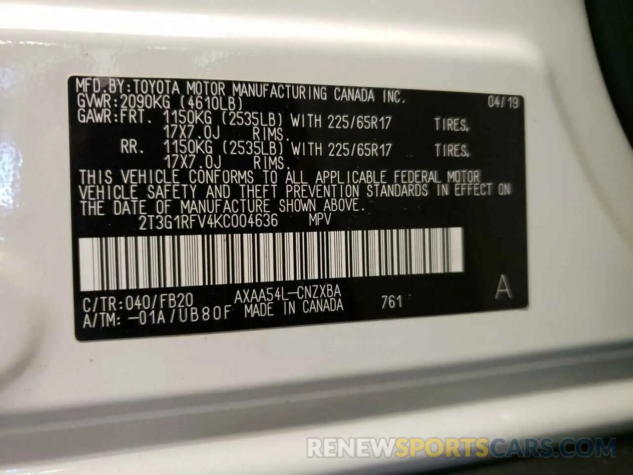 10 fotografías del automóvil dañado 2T3G1RFV4KC004636 TOYOTA RAV4 2019