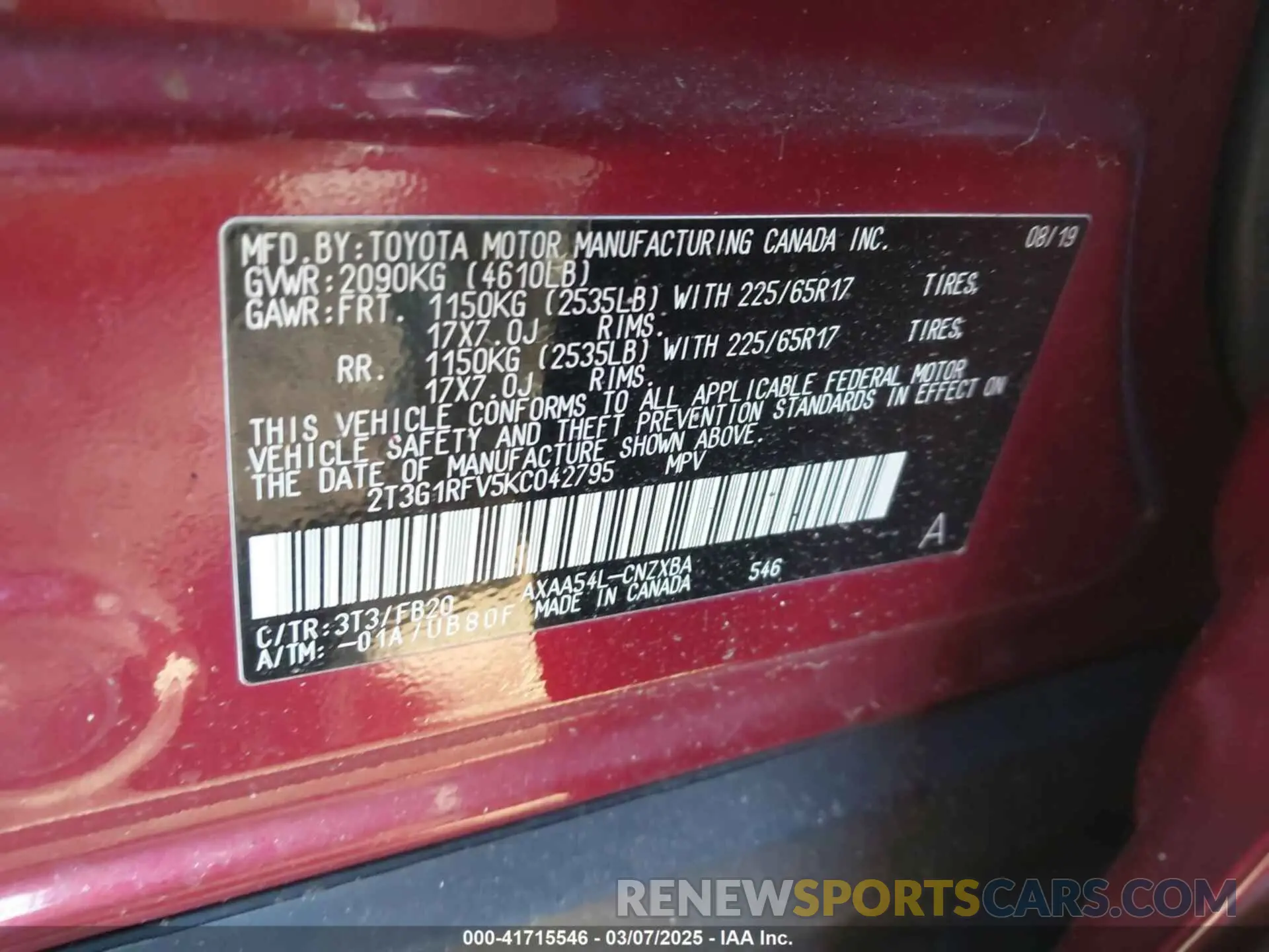9 fotografías del automóvil dañado 2T3G1RFV5KC042795 TOYOTA RAV4 2019