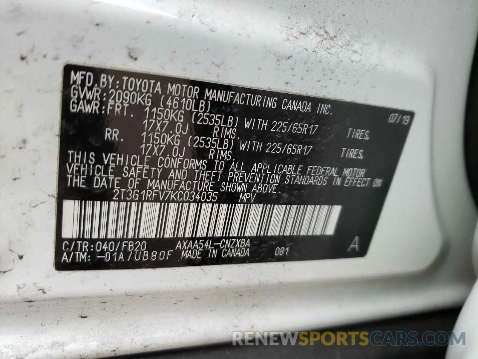 10 fotografías del automóvil dañado 2T3G1RFV7KC034035 TOYOTA RAV4 2019