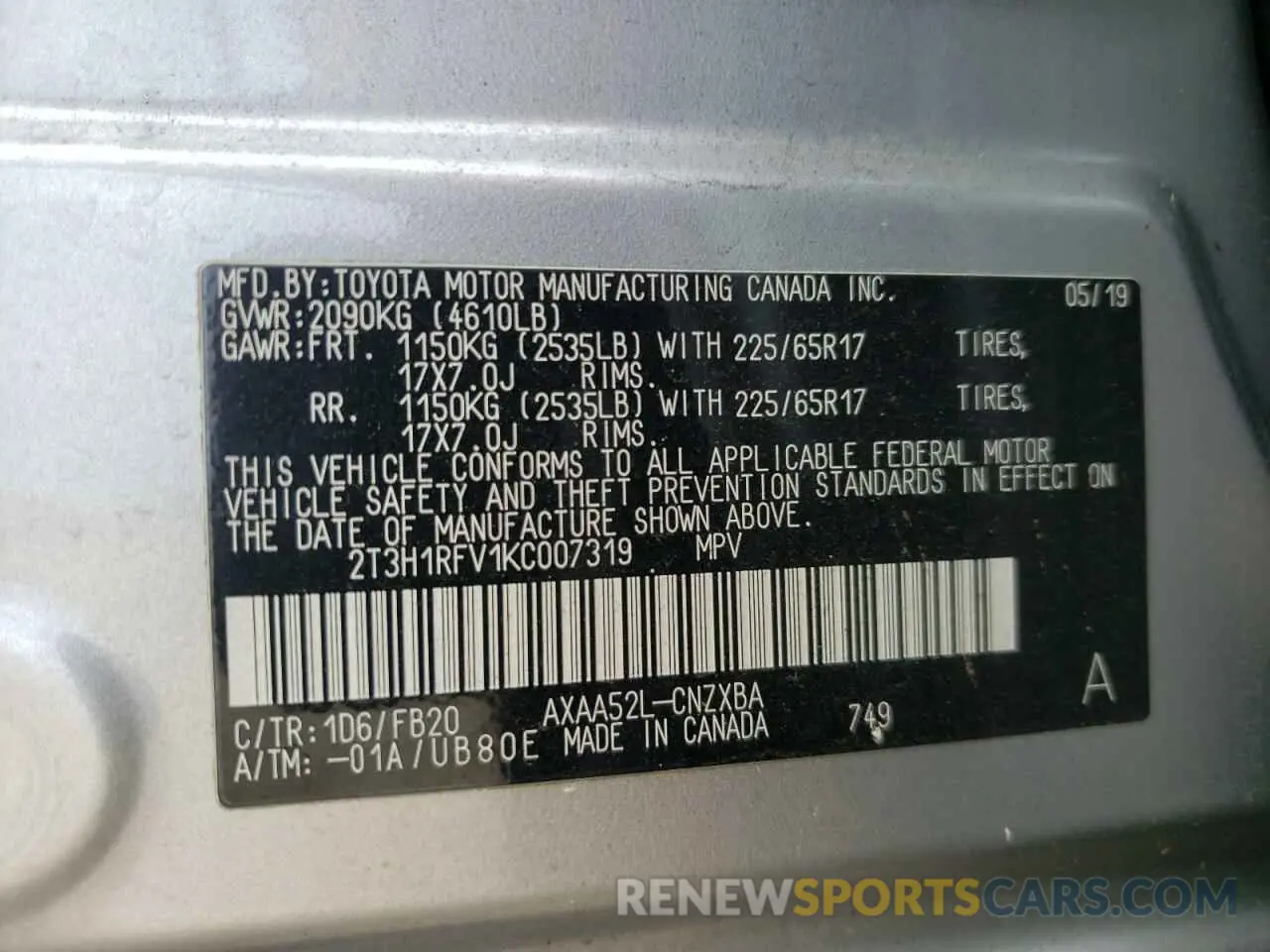 10 fotografías del automóvil dañado 2T3H1RFV1KC007319 TOYOTA RAV4 2019