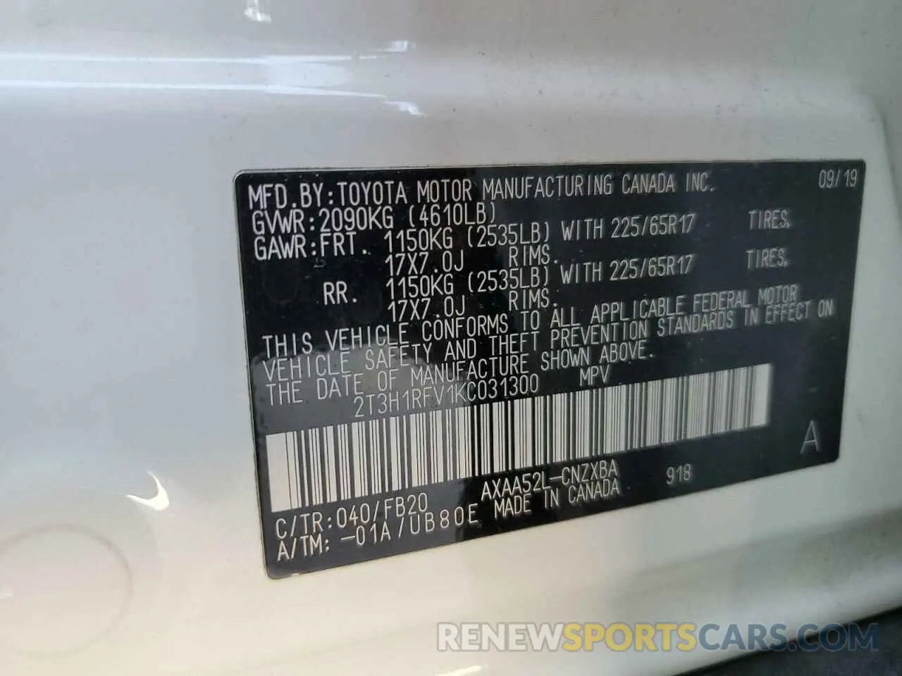 14 fotografías del automóvil dañado 2T3H1RFV1KC031300 TOYOTA RAV4 2019