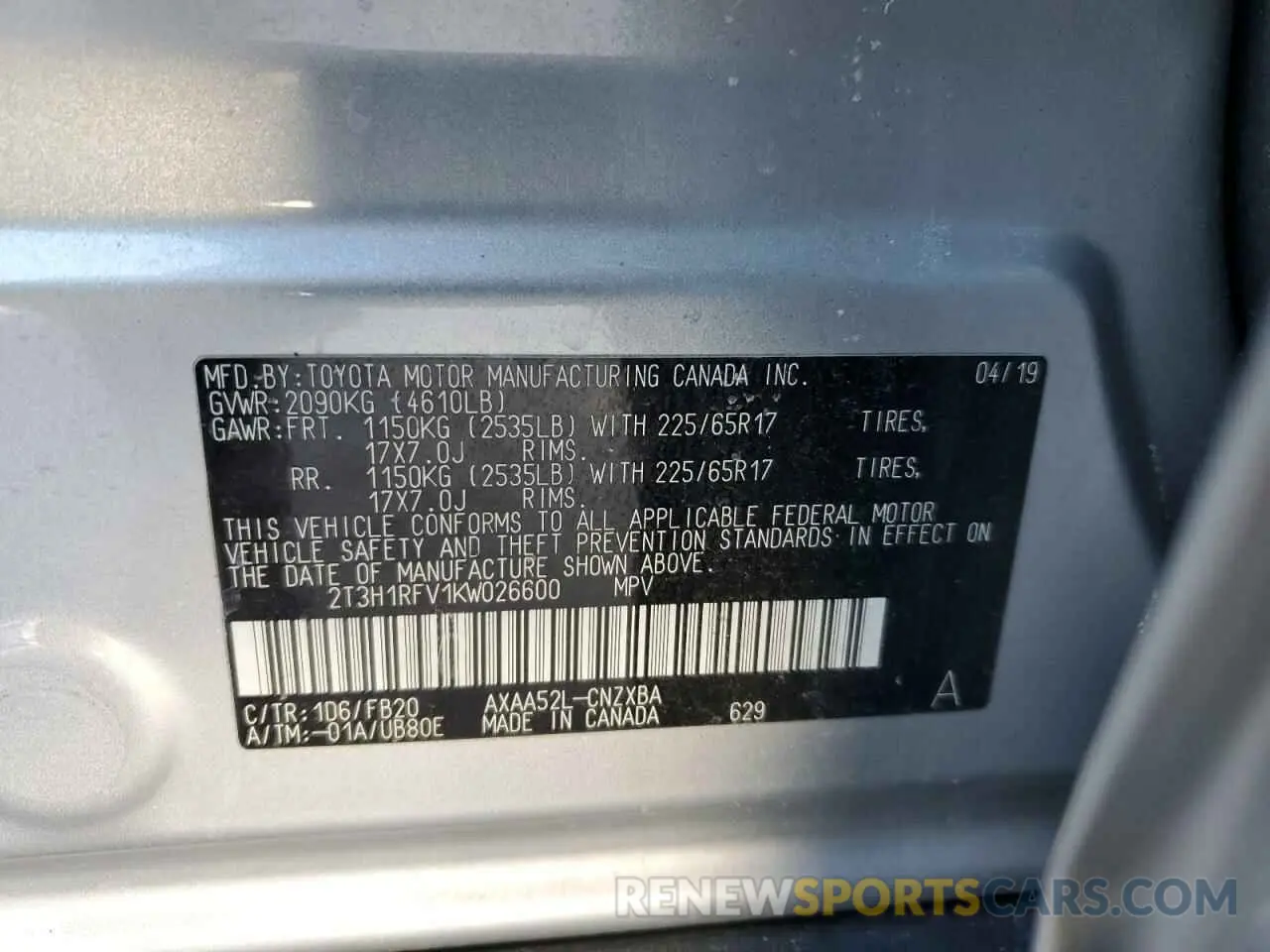 13 fotografías del automóvil dañado 2T3H1RFV1KW026600 TOYOTA RAV4 2019