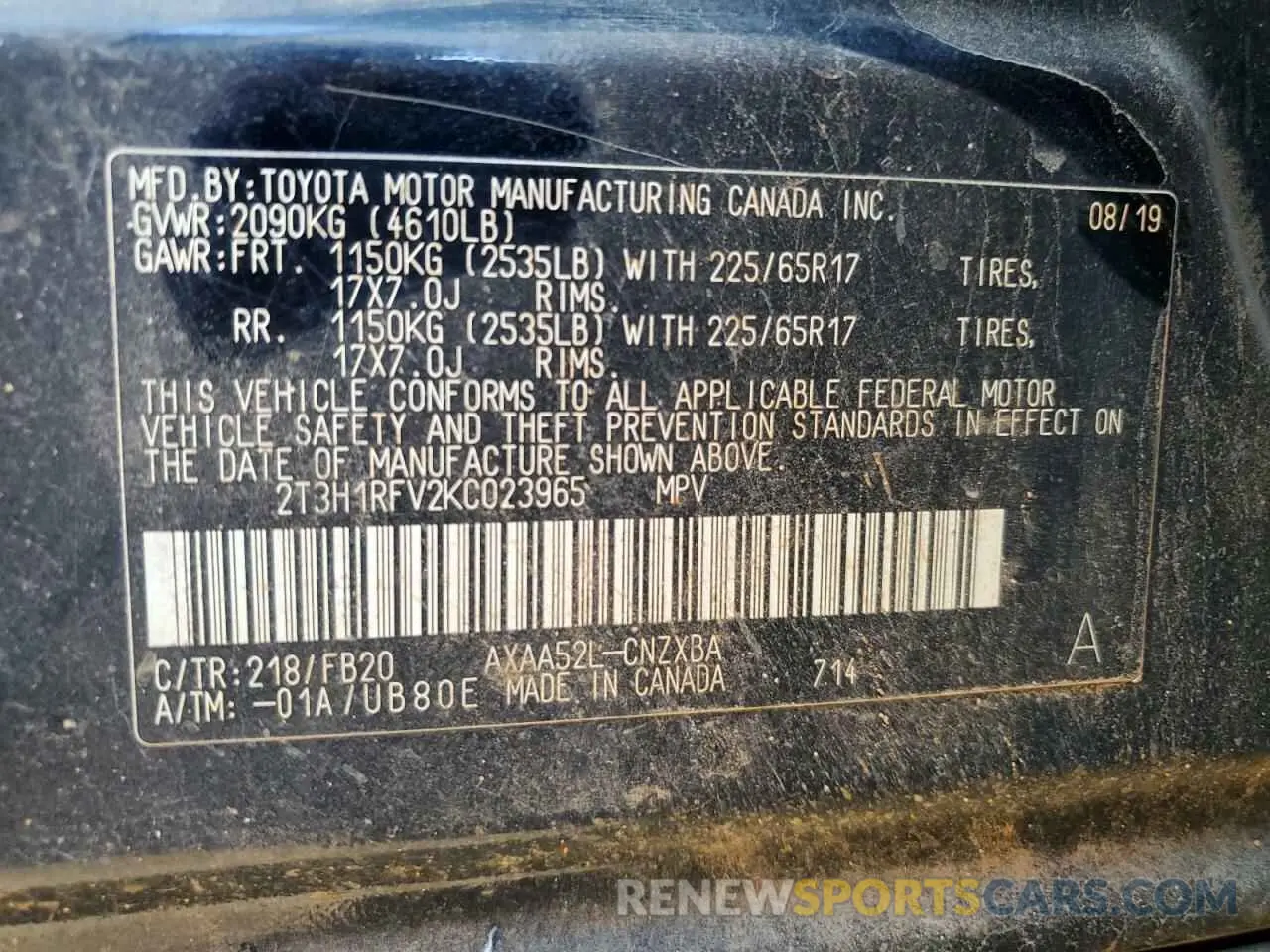 13 fotografías del automóvil dañado 2T3H1RFV2KC023965 TOYOTA RAV4 2019