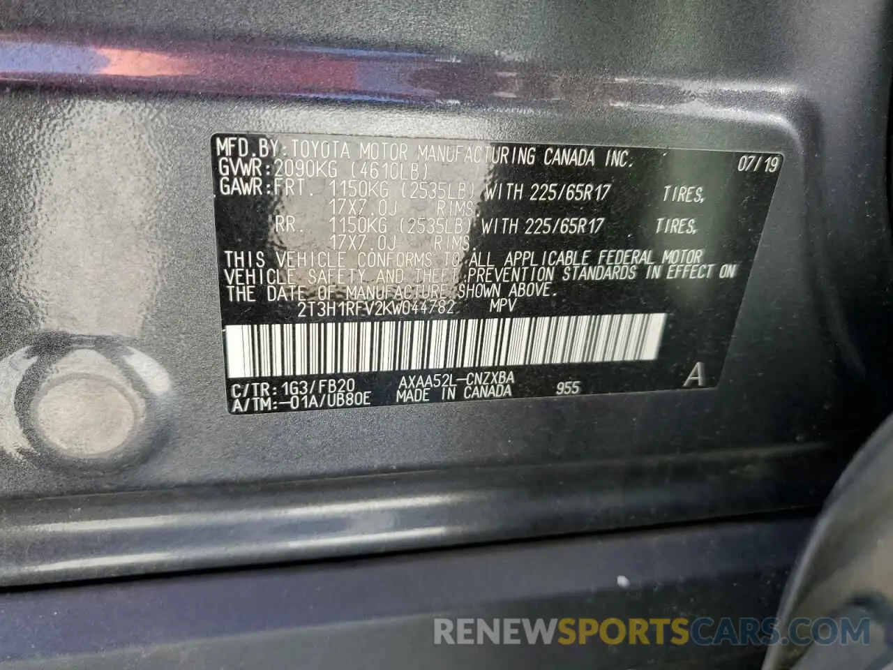 13 fotografías del automóvil dañado 2T3H1RFV2KW044782 TOYOTA RAV4 2019