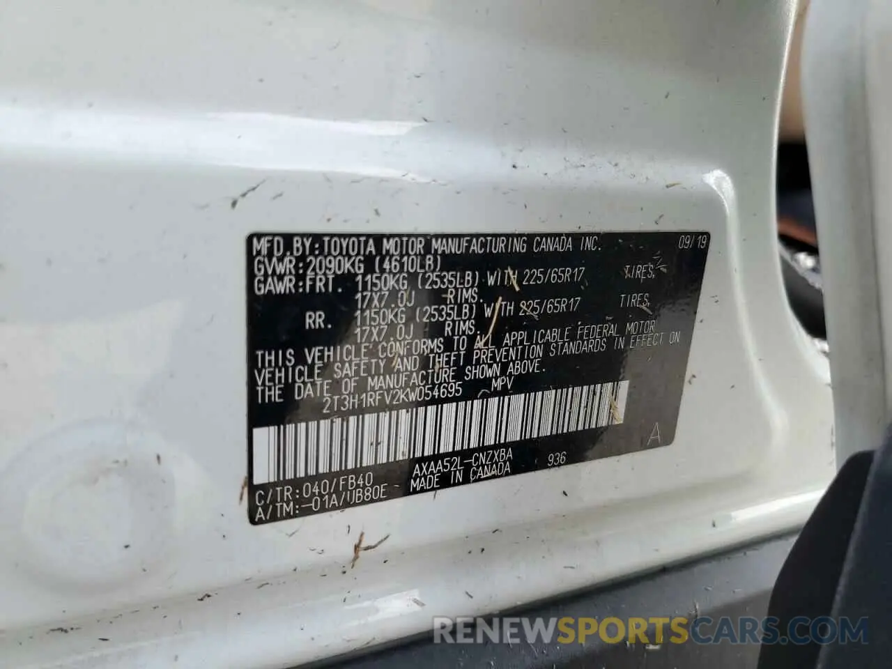 10 fotografías del automóvil dañado 2T3H1RFV2KW054695 TOYOTA RAV4 2019