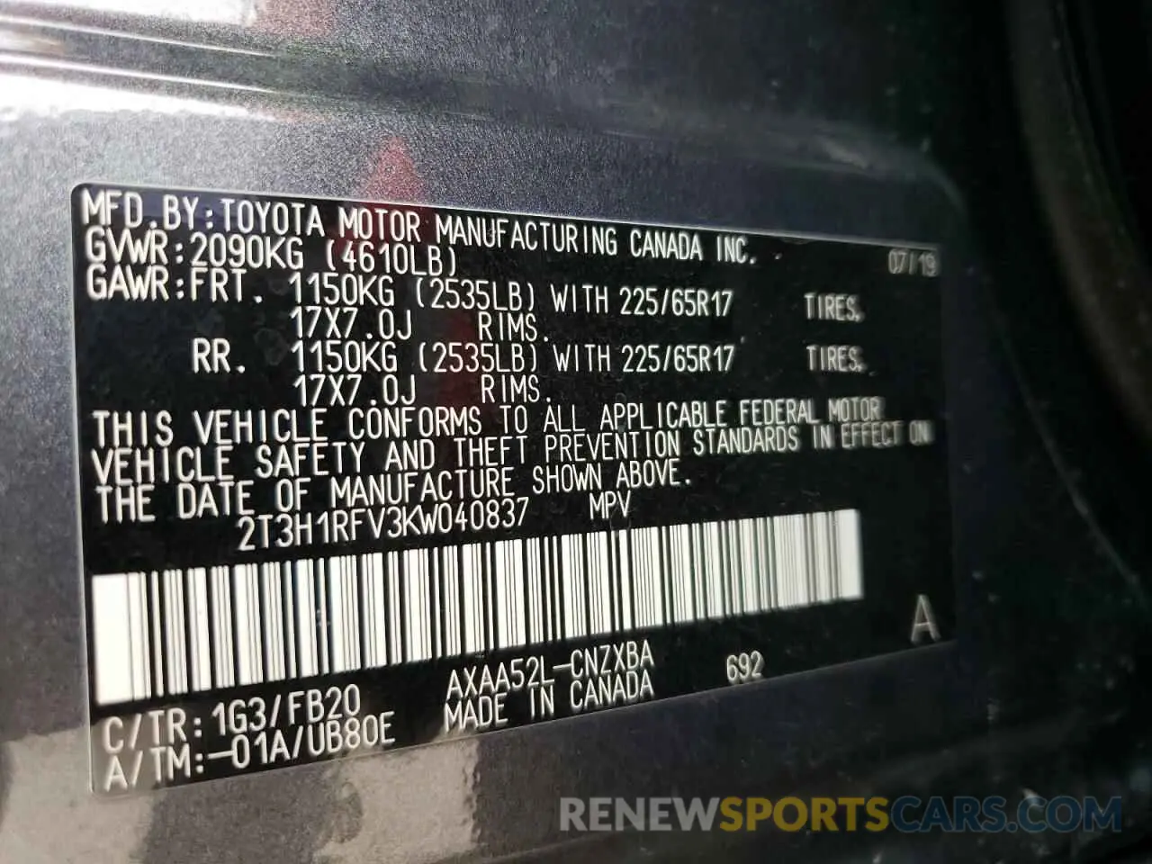 10 fotografías del automóvil dañado 2T3H1RFV3KW040837 TOYOTA RAV4 2019