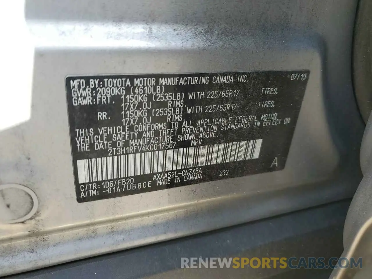 12 fotografías del automóvil dañado 2T3H1RFV4KC017567 TOYOTA RAV4 2019