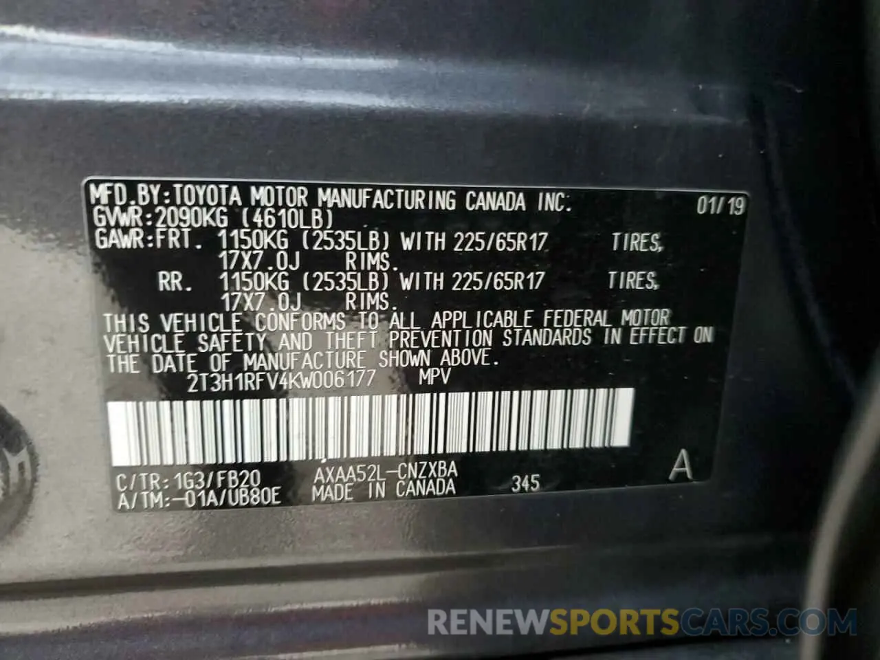 14 fotografías del automóvil dañado 2T3H1RFV4KW006177 TOYOTA RAV4 2019