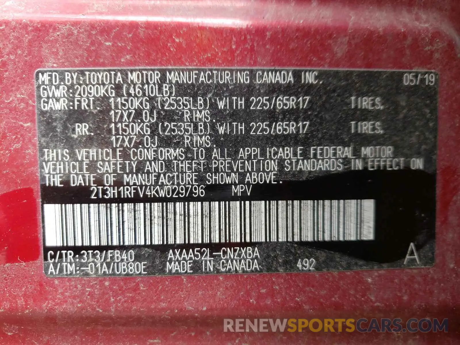 10 fotografías del automóvil dañado 2T3H1RFV4KW029796 TOYOTA RAV4 2019