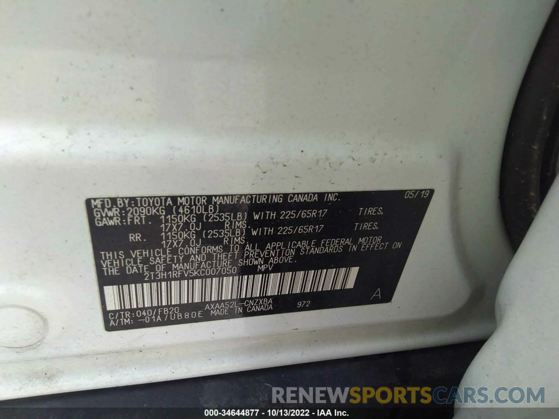 9 fotografías del automóvil dañado 2T3H1RFV5KC007050 TOYOTA RAV4 2019
