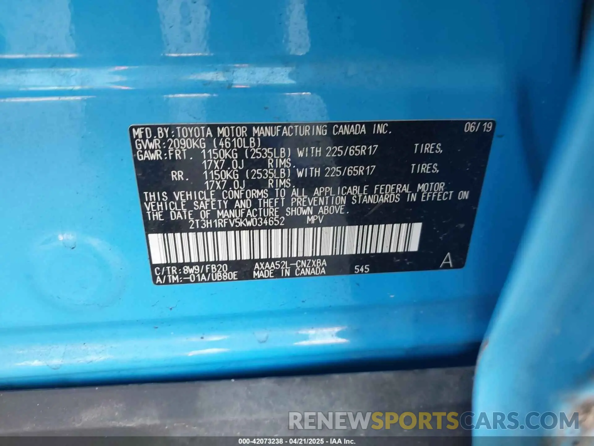 9 fotografías del automóvil dañado 2T3H1RFV5KW034652 TOYOTA RAV4 2019