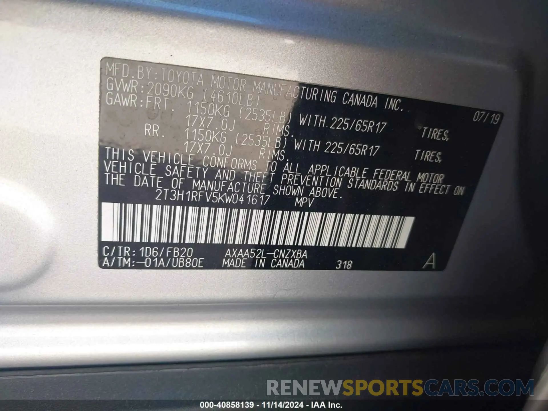 9 fotografías del automóvil dañado 2T3H1RFV5KW041617 TOYOTA RAV4 2019