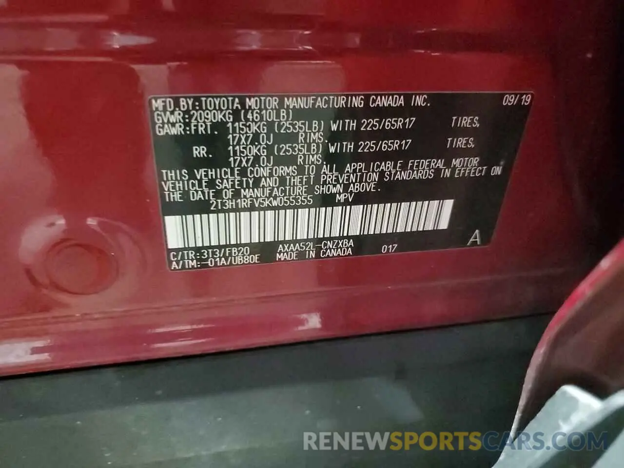 14 fotografías del automóvil dañado 2T3H1RFV5KW055355 TOYOTA RAV4 2019