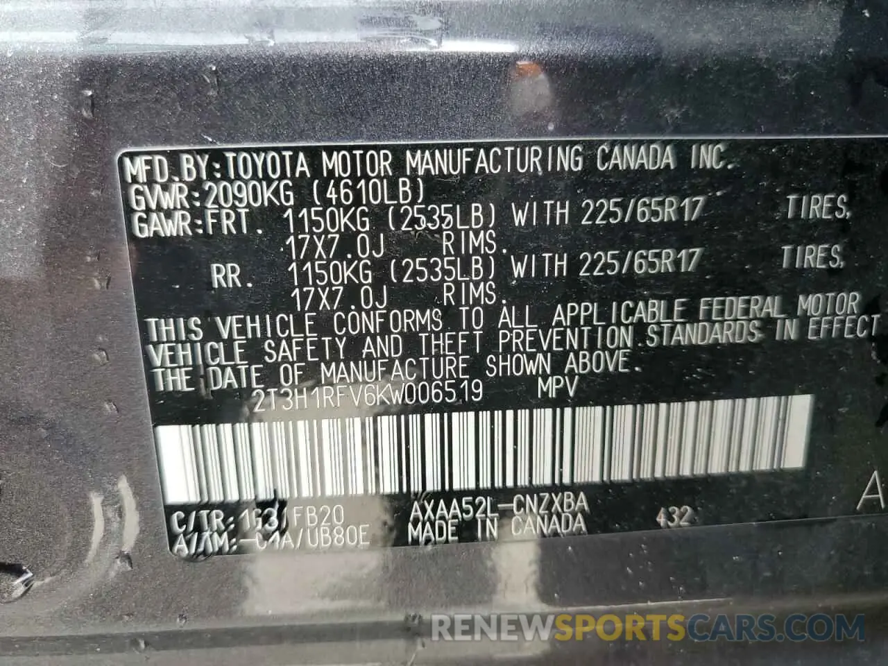 12 fotografías del automóvil dañado 2T3H1RFV6KW006519 TOYOTA RAV4 2019