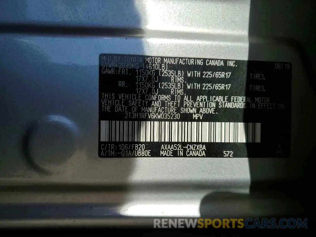 13 fotografías del automóvil dañado 2T3H1RFV6KW035230 TOYOTA RAV4 2019