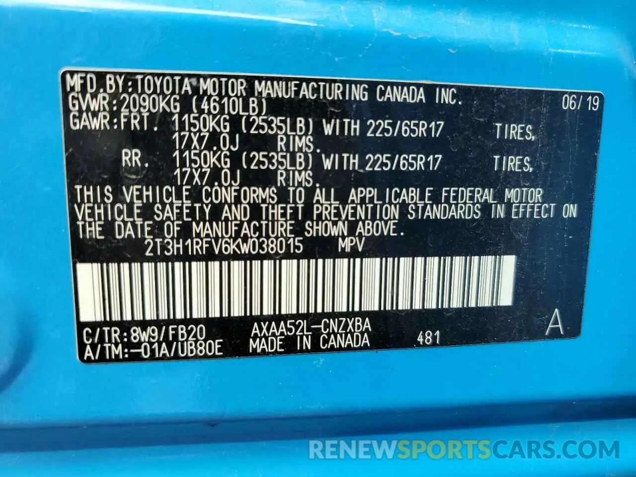 13 fotografías del automóvil dañado 2T3H1RFV6KW038015 TOYOTA RAV4 2019