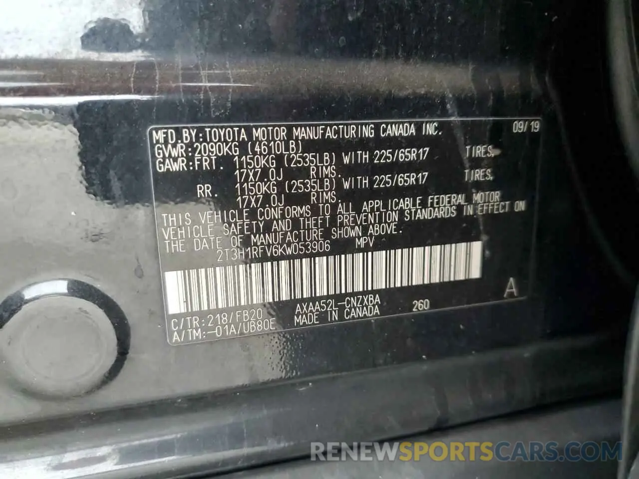 13 fotografías del automóvil dañado 2T3H1RFV6KW053906 TOYOTA RAV4 2019