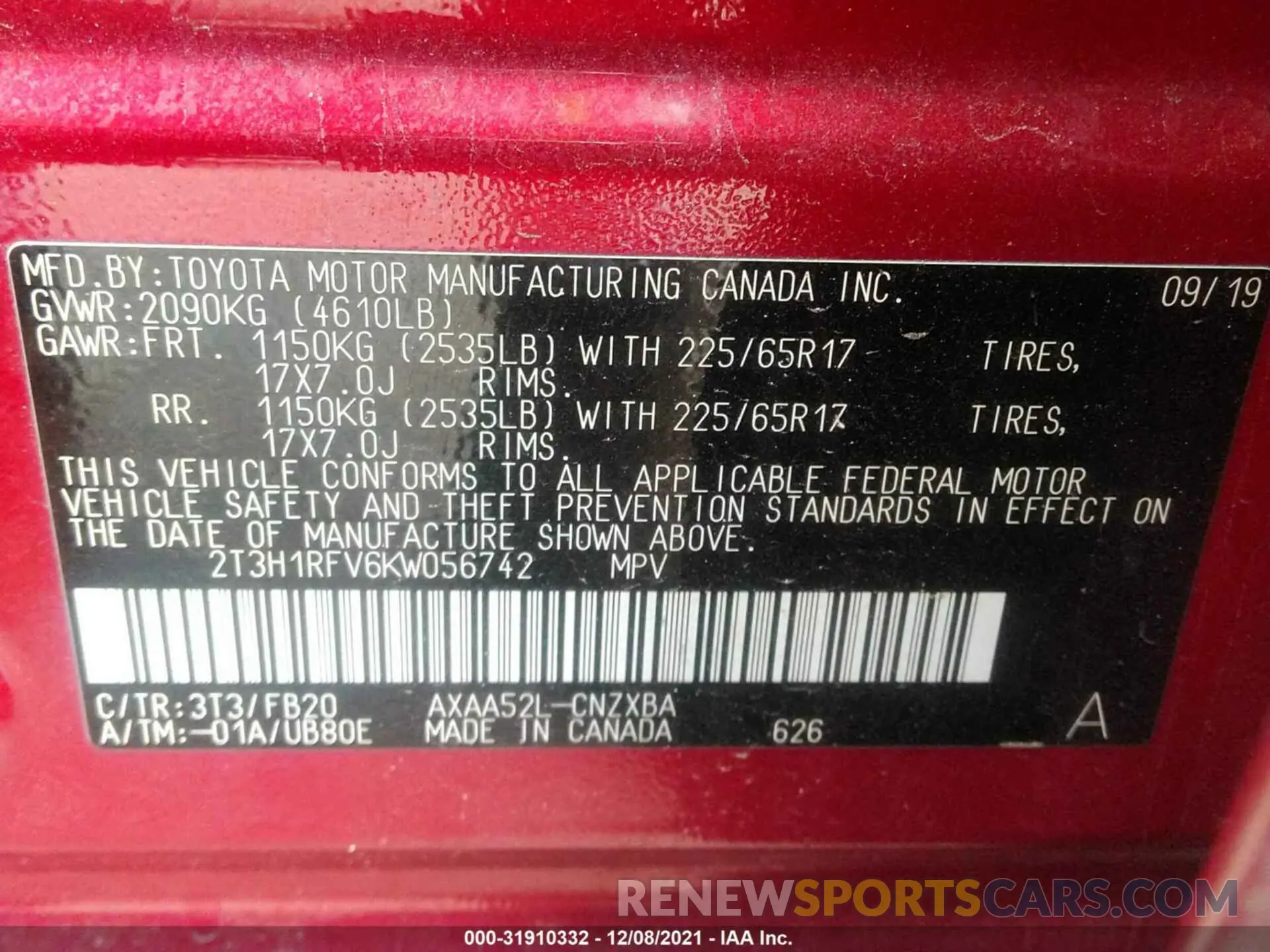 9 fotografías del automóvil dañado 2T3H1RFV6KW056742 TOYOTA RAV4 2019