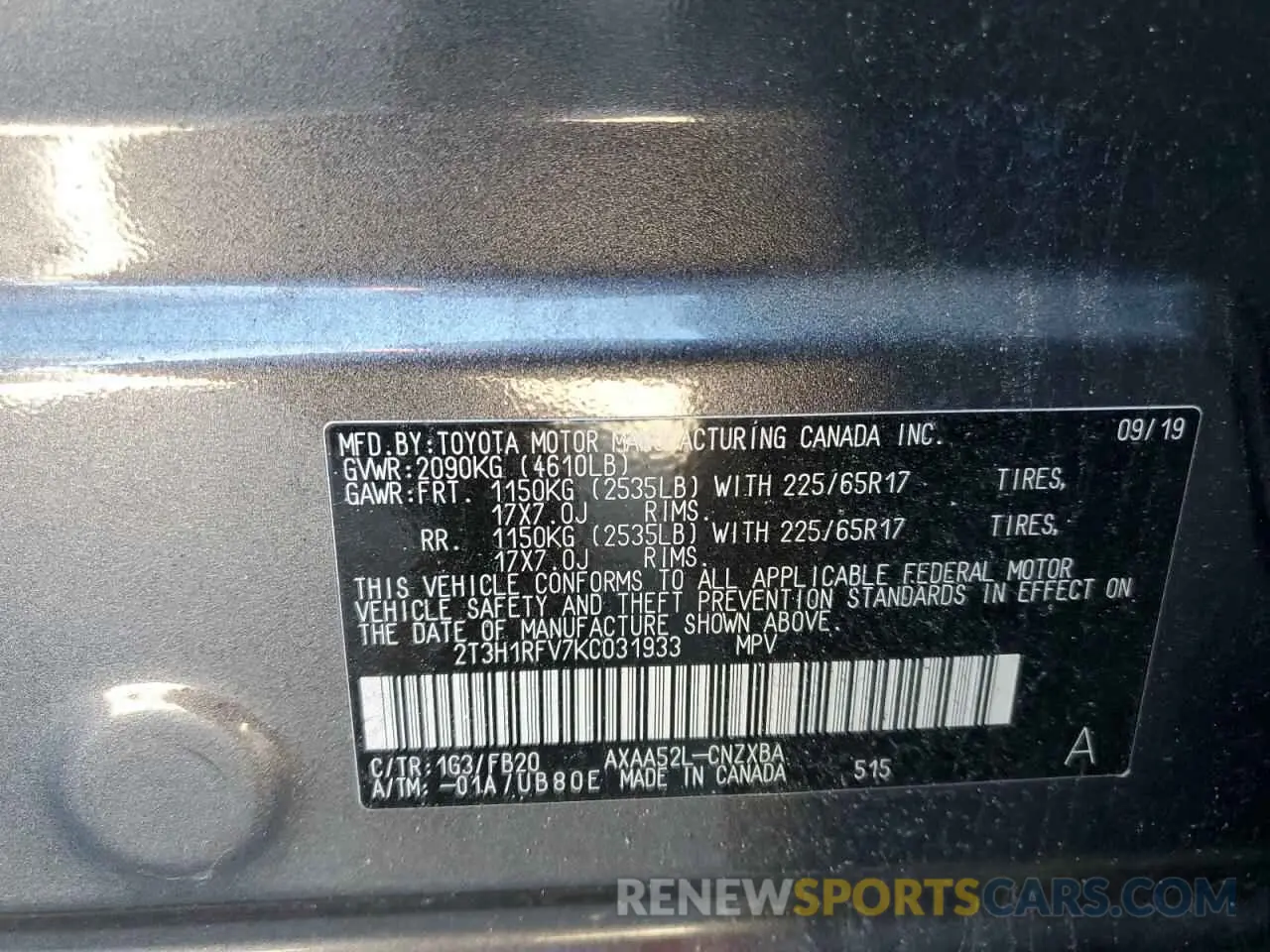 15 fotografías del automóvil dañado 2T3H1RFV7KC031933 TOYOTA RAV4 2019