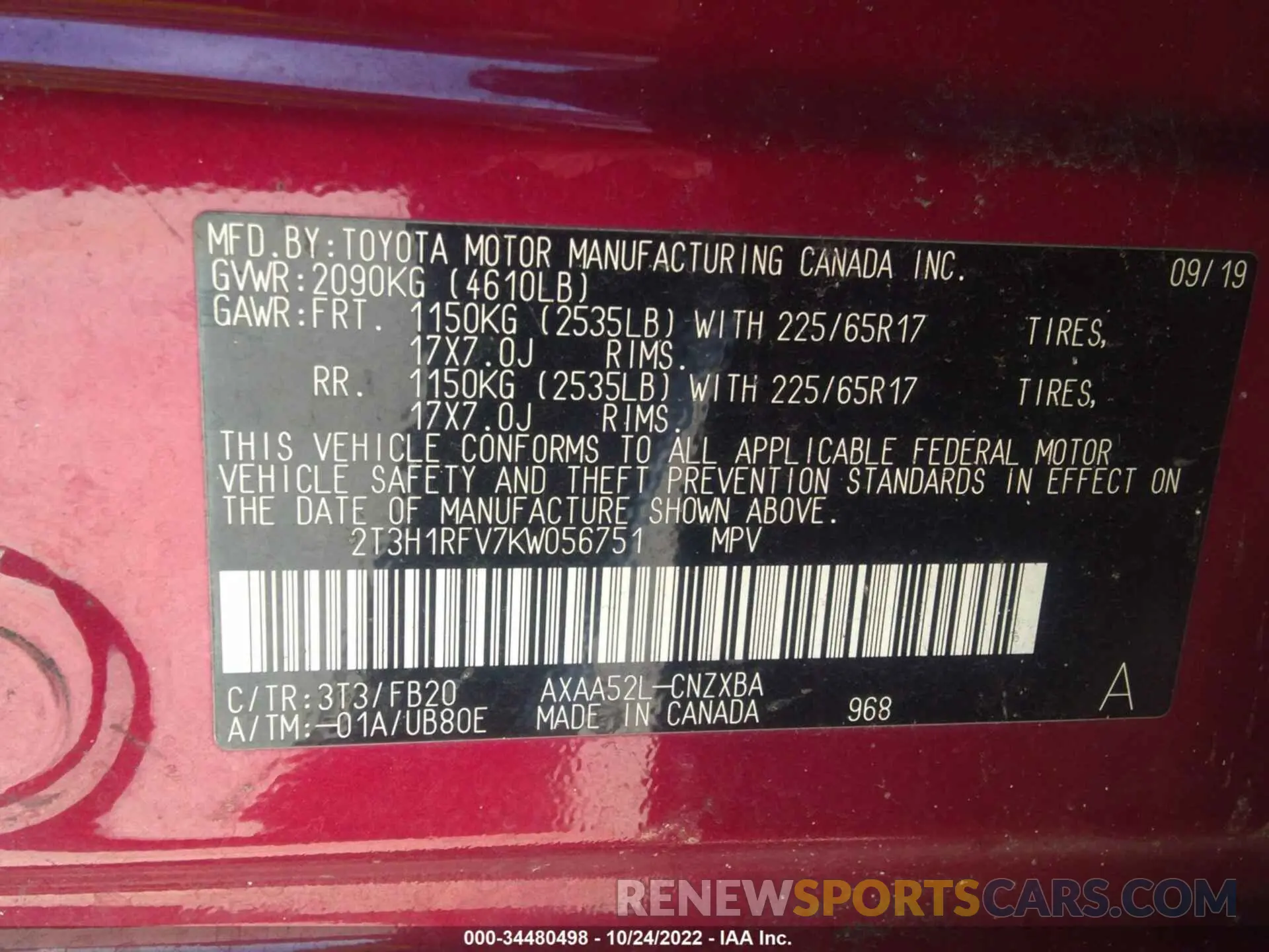9 fotografías del automóvil dañado 2T3H1RFV7KW056751 TOYOTA RAV4 2019