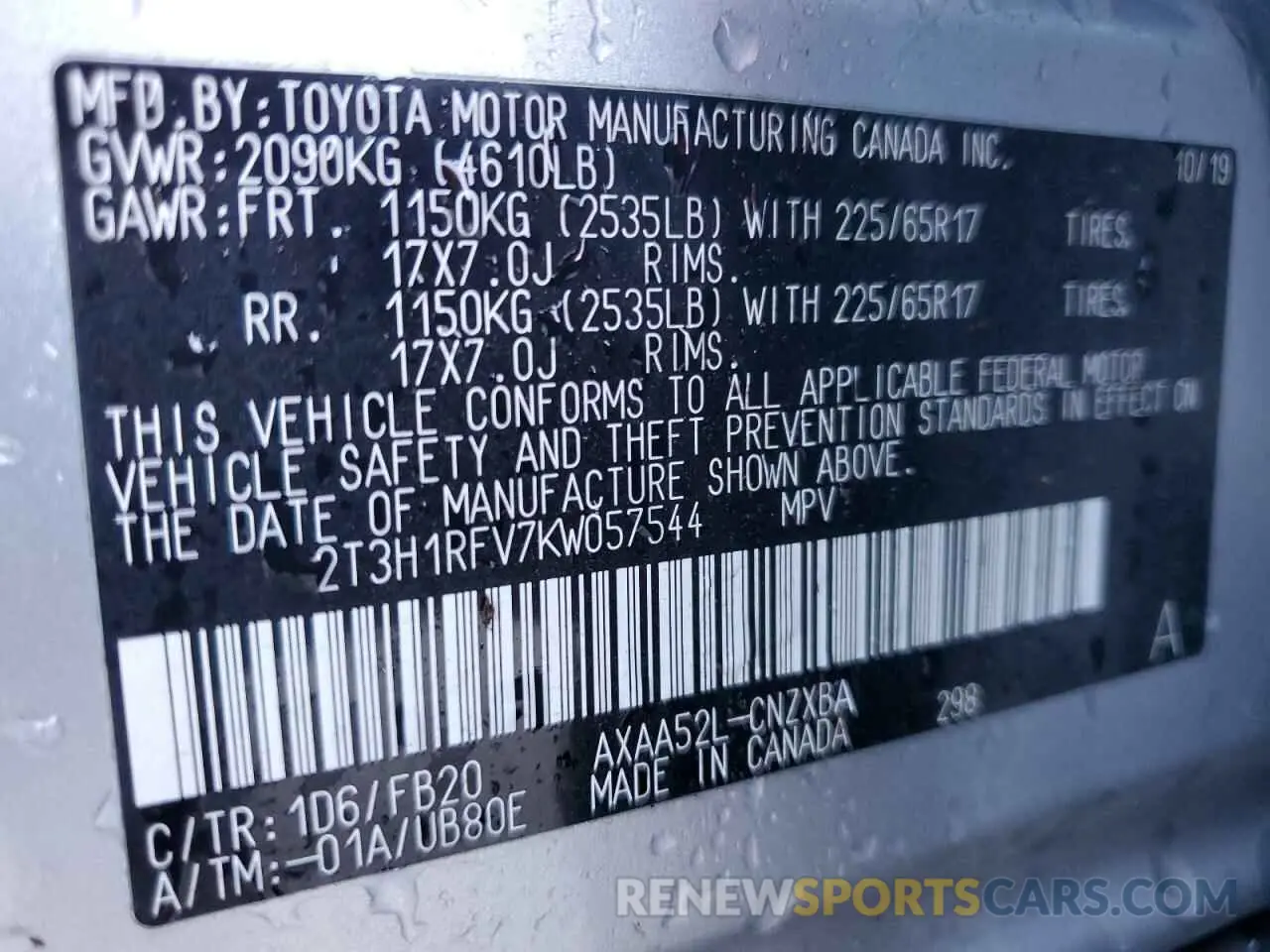 14 fotografías del automóvil dañado 2T3H1RFV7KW057544 TOYOTA RAV4 2019
