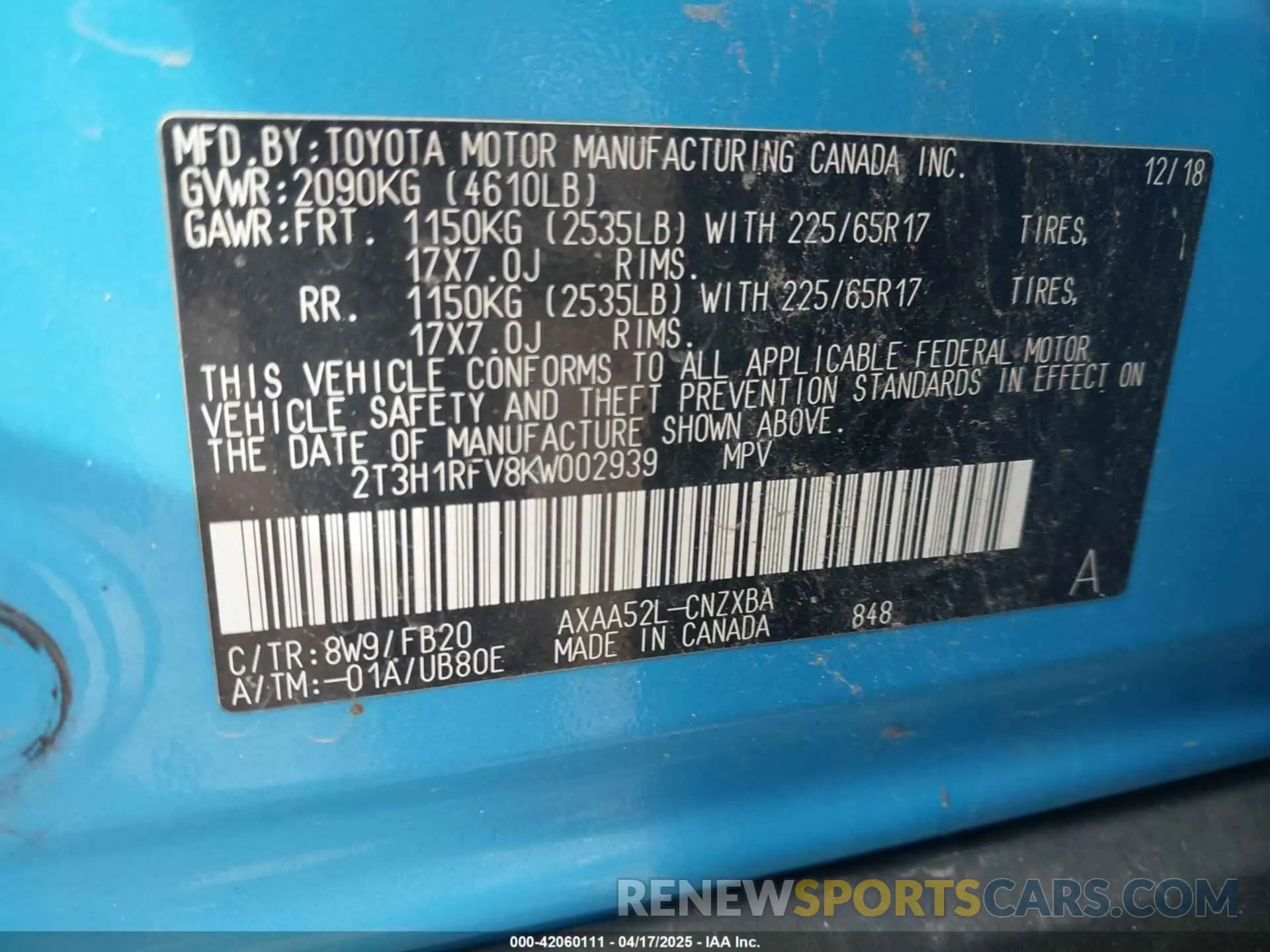 9 fotografías del automóvil dañado 2T3H1RFV8KW002939 TOYOTA RAV4 2019