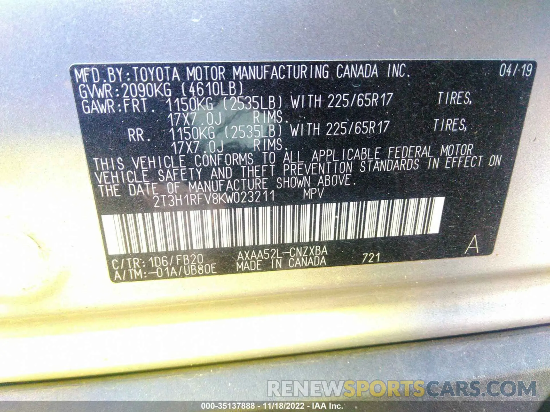 9 fotografías del automóvil dañado 2T3H1RFV8KW023211 TOYOTA RAV4 2019