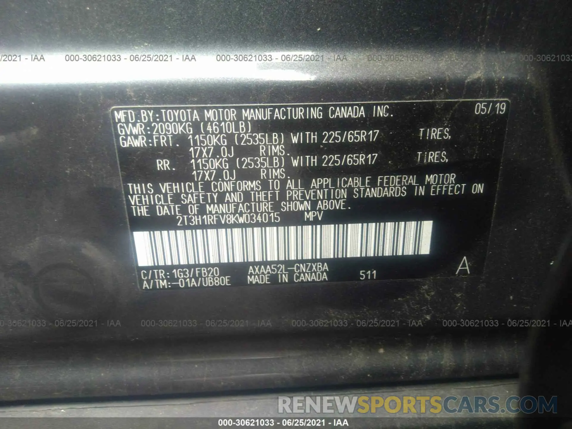 9 fotografías del automóvil dañado 2T3H1RFV8KW034015 TOYOTA RAV4 2019
